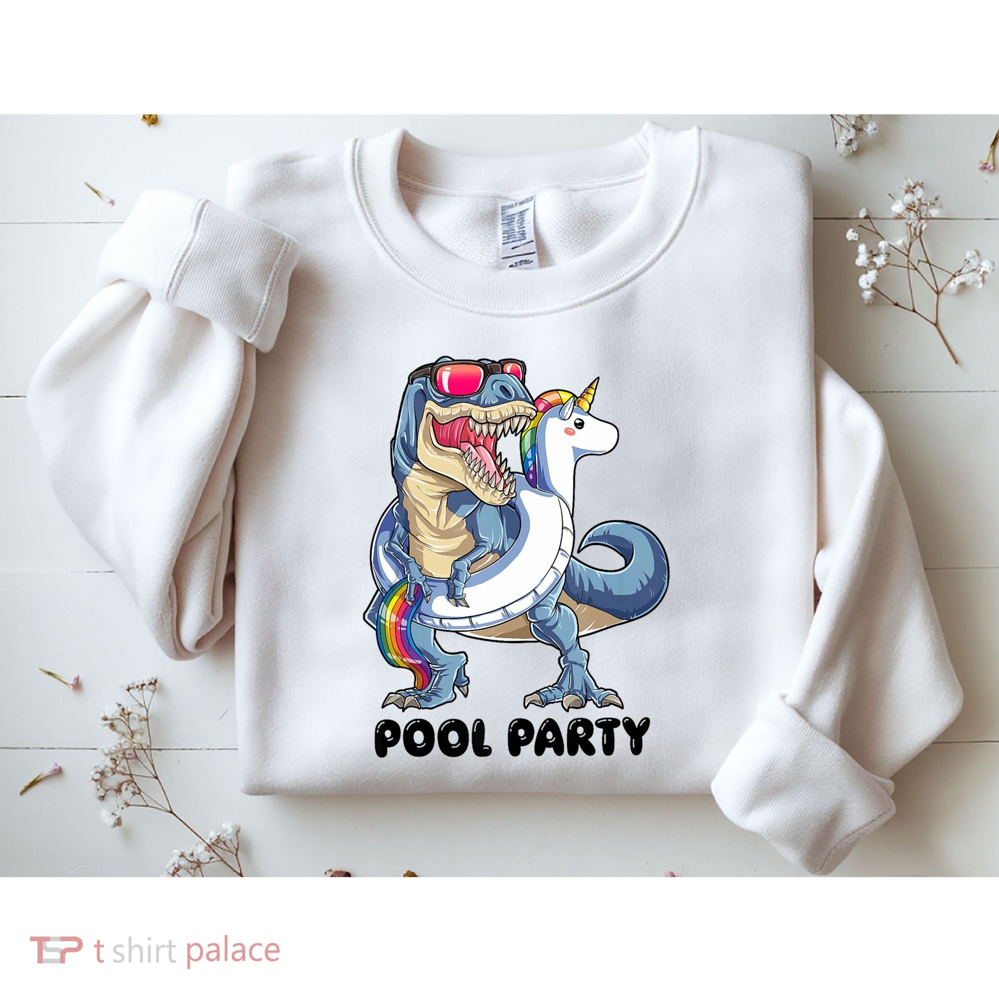 Pool Party Dinosaur Unicorn Funny T Rex Float Rainbow Cute Tank Top Sweatshirt