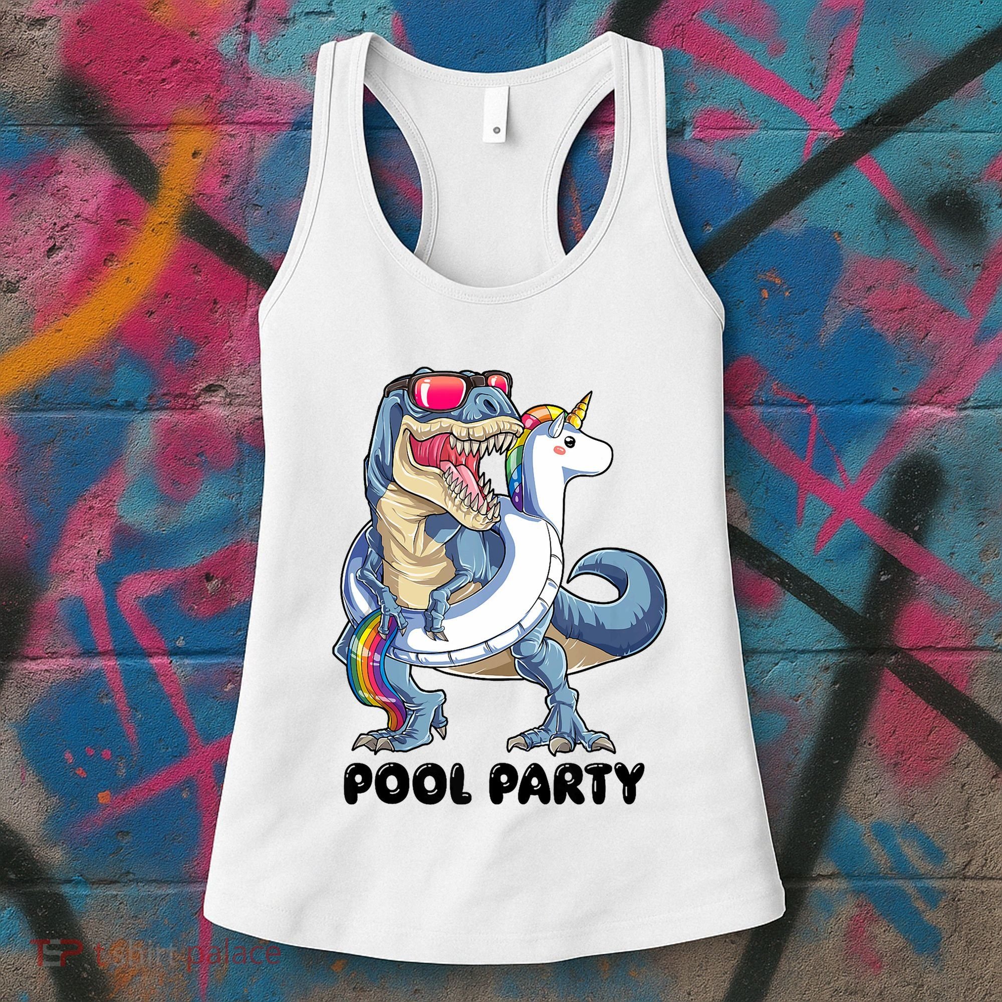 Pool Party Dinosaur Unicorn Funny T Rex Float Rainbow Cute Tank Top Women's Tank Top