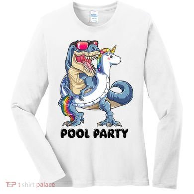 Pool Party Dinosaur Unicorn Funny T Rex Float Rainbow Cute Tank Top Women's Long Sleeve Shirt