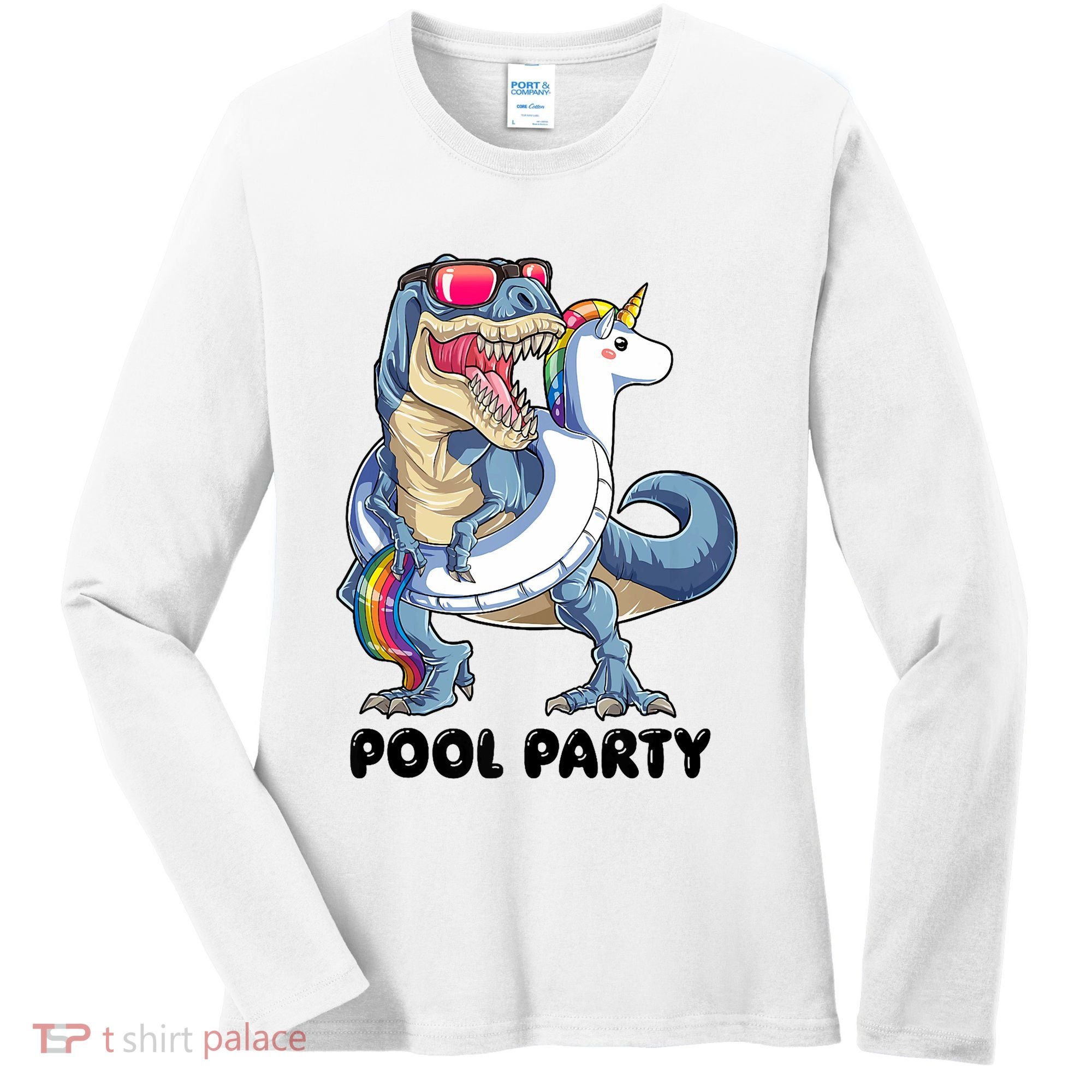 Pool Party Dinosaur Unicorn Funny T Rex Float Rainbow Cute Tank Top Women's Long Sleeve Shirt