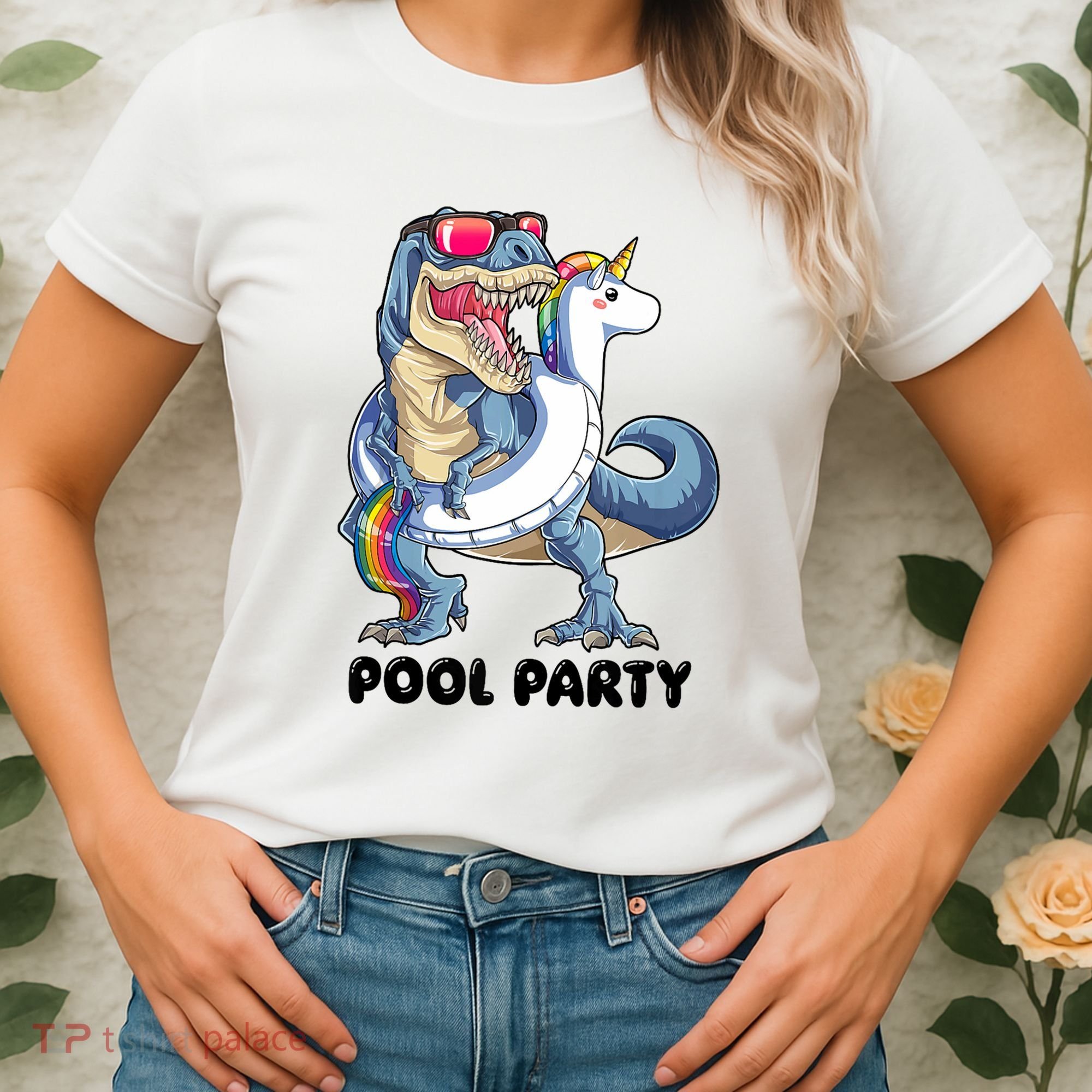 Pool Party Dinosaur Unicorn Funny T Rex Float Rainbow Cute Tank Top Women's T-Shirt