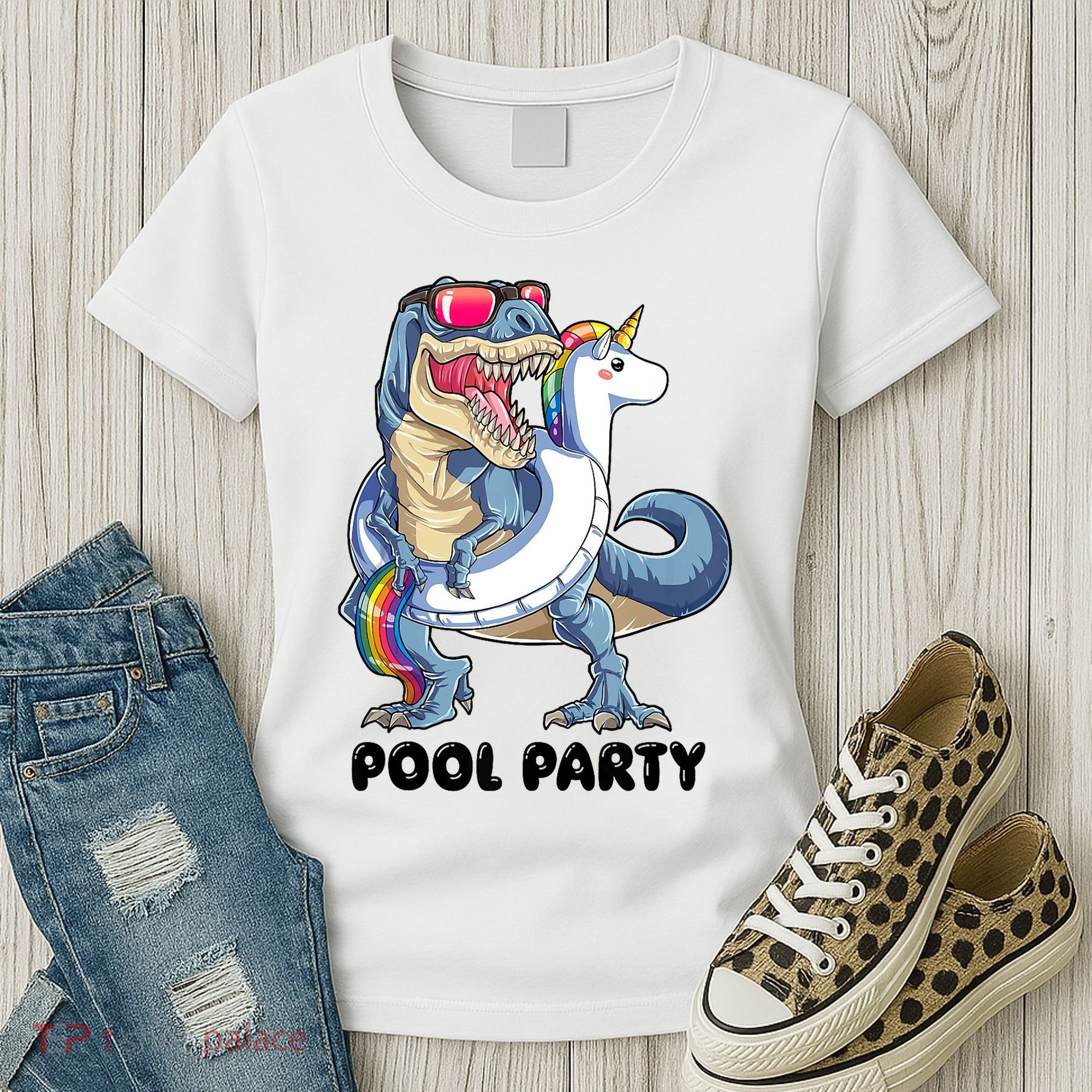 Pool Party Dinosaur Unicorn Funny T Rex Float Rainbow Cute Tank Top Women's T-Shirt