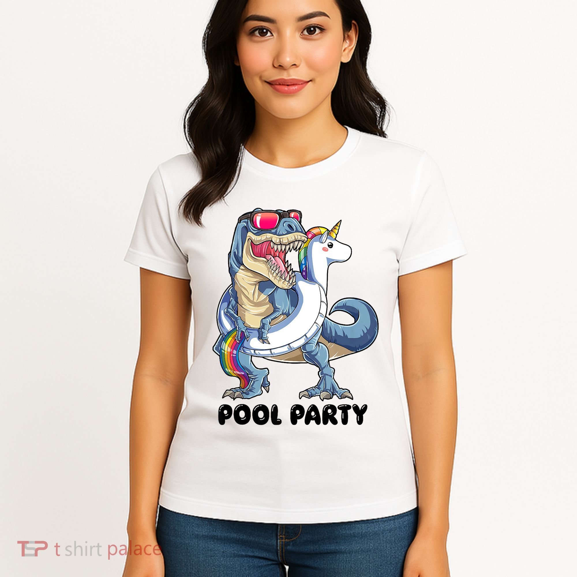 Pool Party Dinosaur Unicorn Funny T Rex Float Rainbow Cute Tank Top Women's T-Shirt