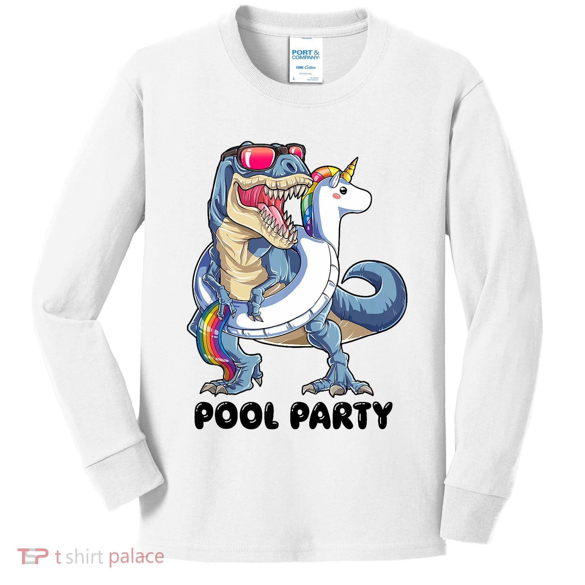 Pool Party Dinosaur Unicorn Funny T Rex Float Rainbow Cute Tank Top Kids Long Sleeve Shirt