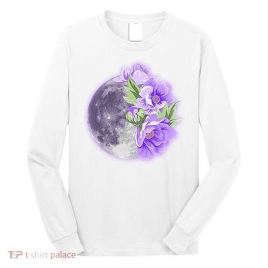 Purple Peonies Flowers Full Moon Long Sleeve Shirt