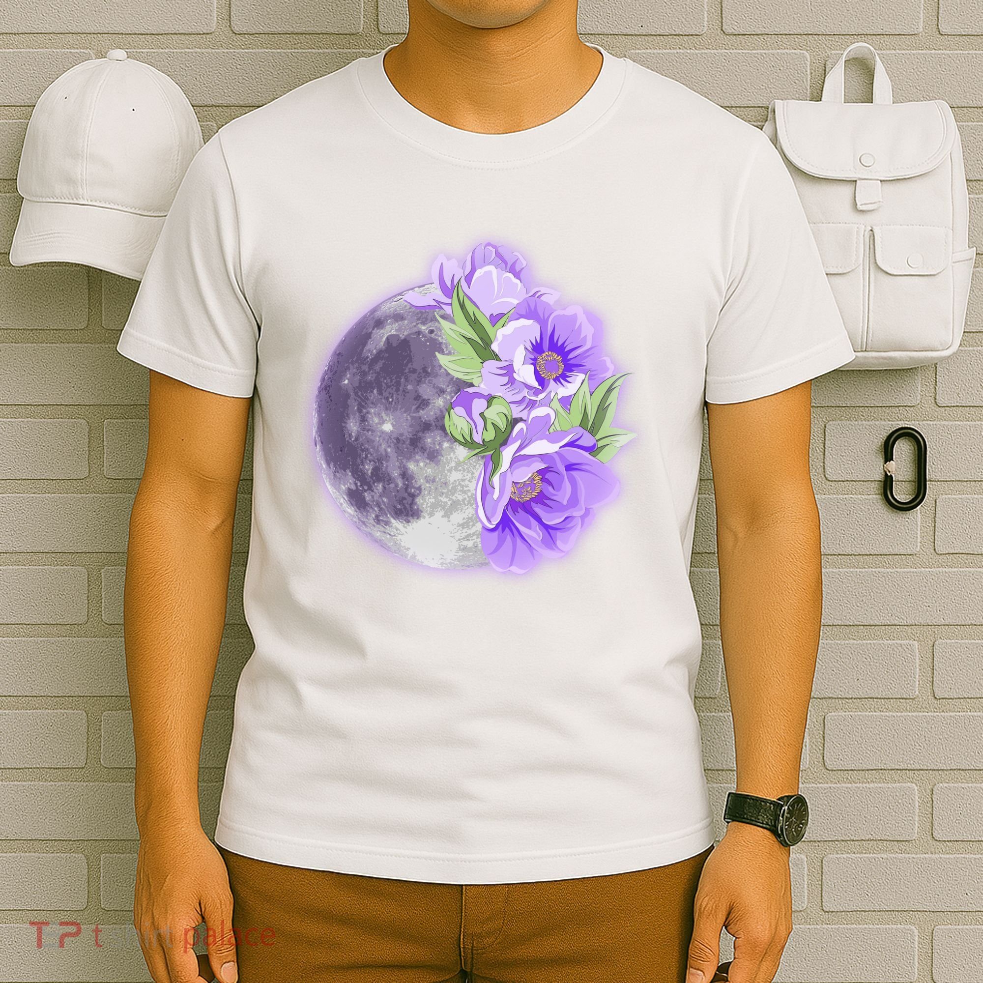 Purple Peonies Flowers Full Moon T-Shirt