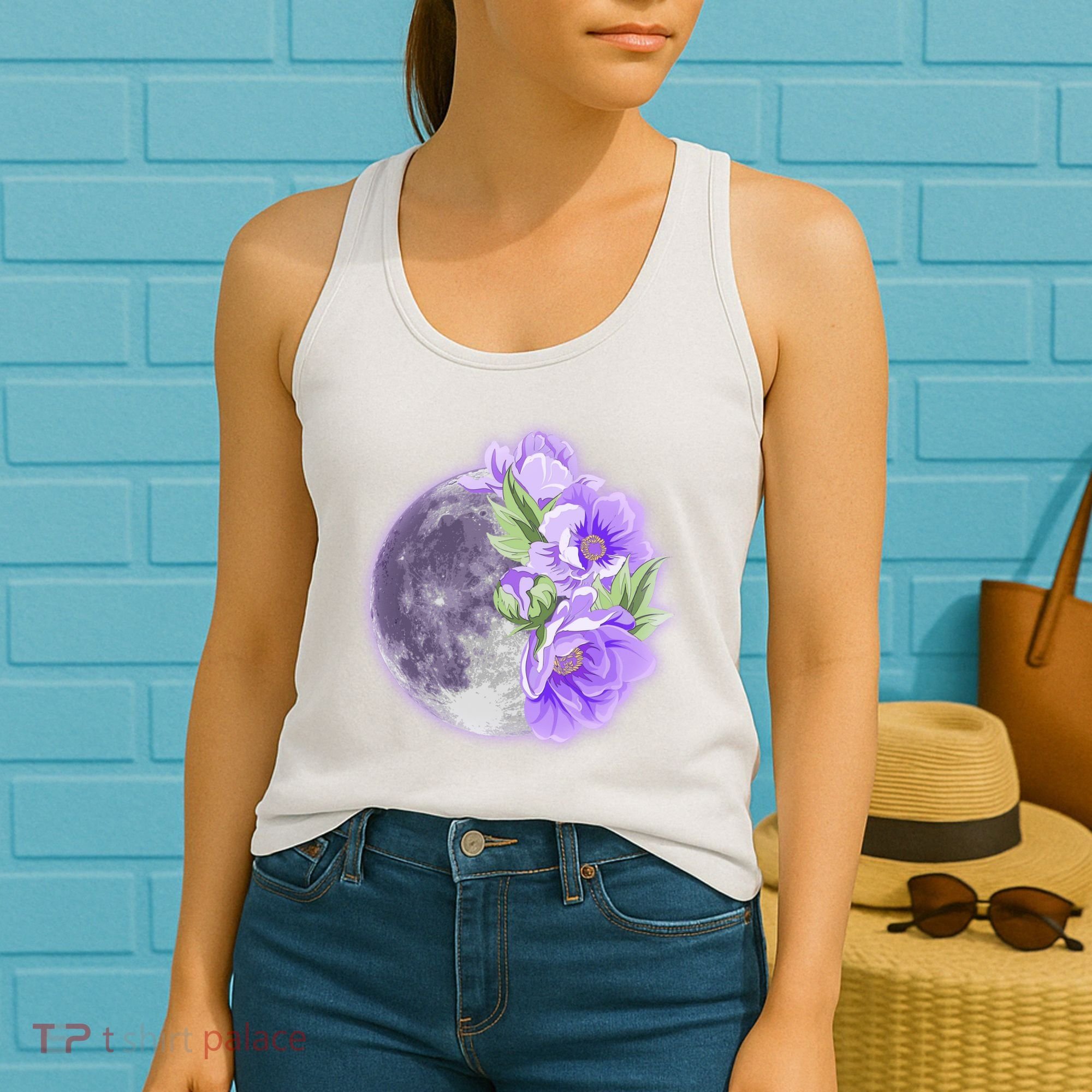 Purple Peonies Flowers Full Moon Women's Tank Top