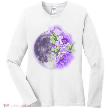 Purple Peonies Flowers Full Moon Women's Long Sleeve Shirt