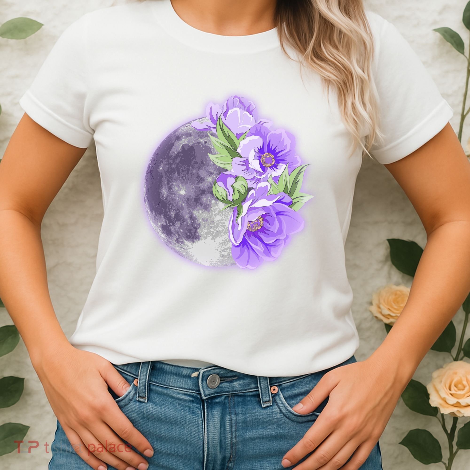 Purple Peonies Flowers Full Moon Women's T-Shirt