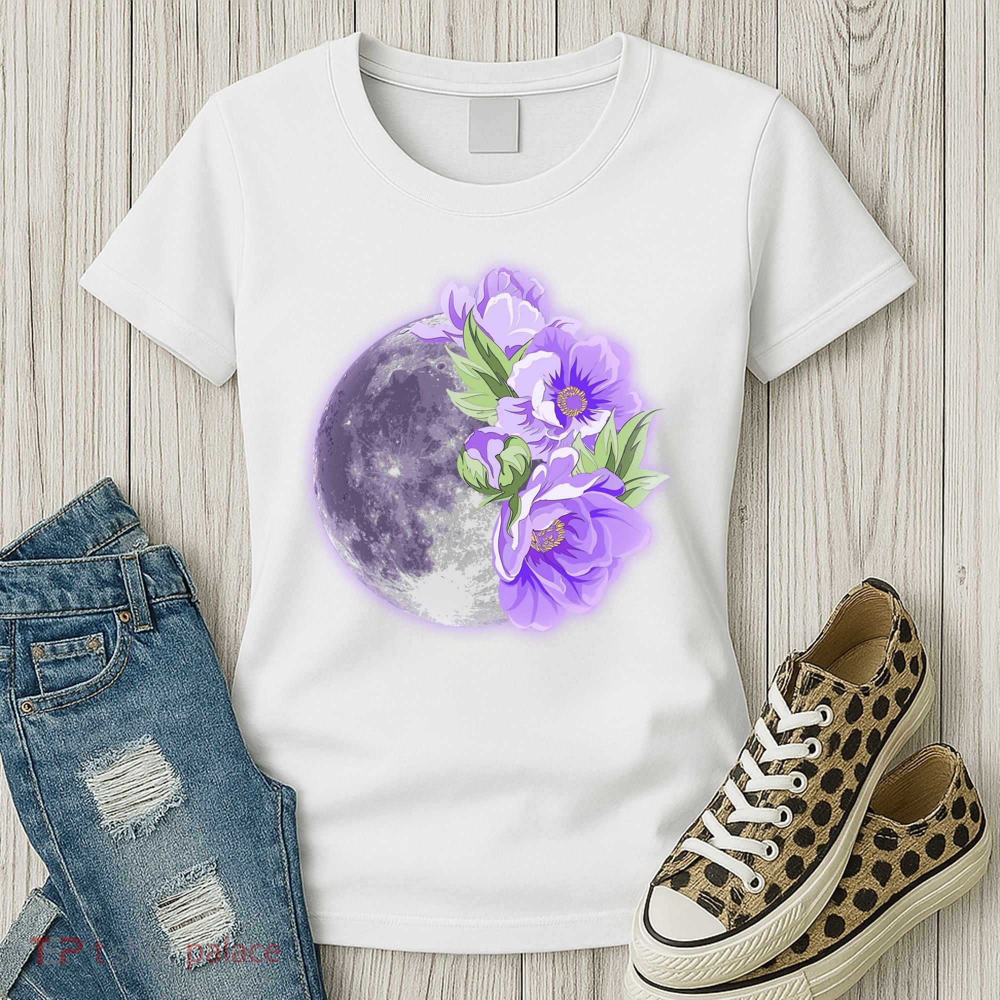Purple Peonies Flowers Full Moon Women's T-Shirt