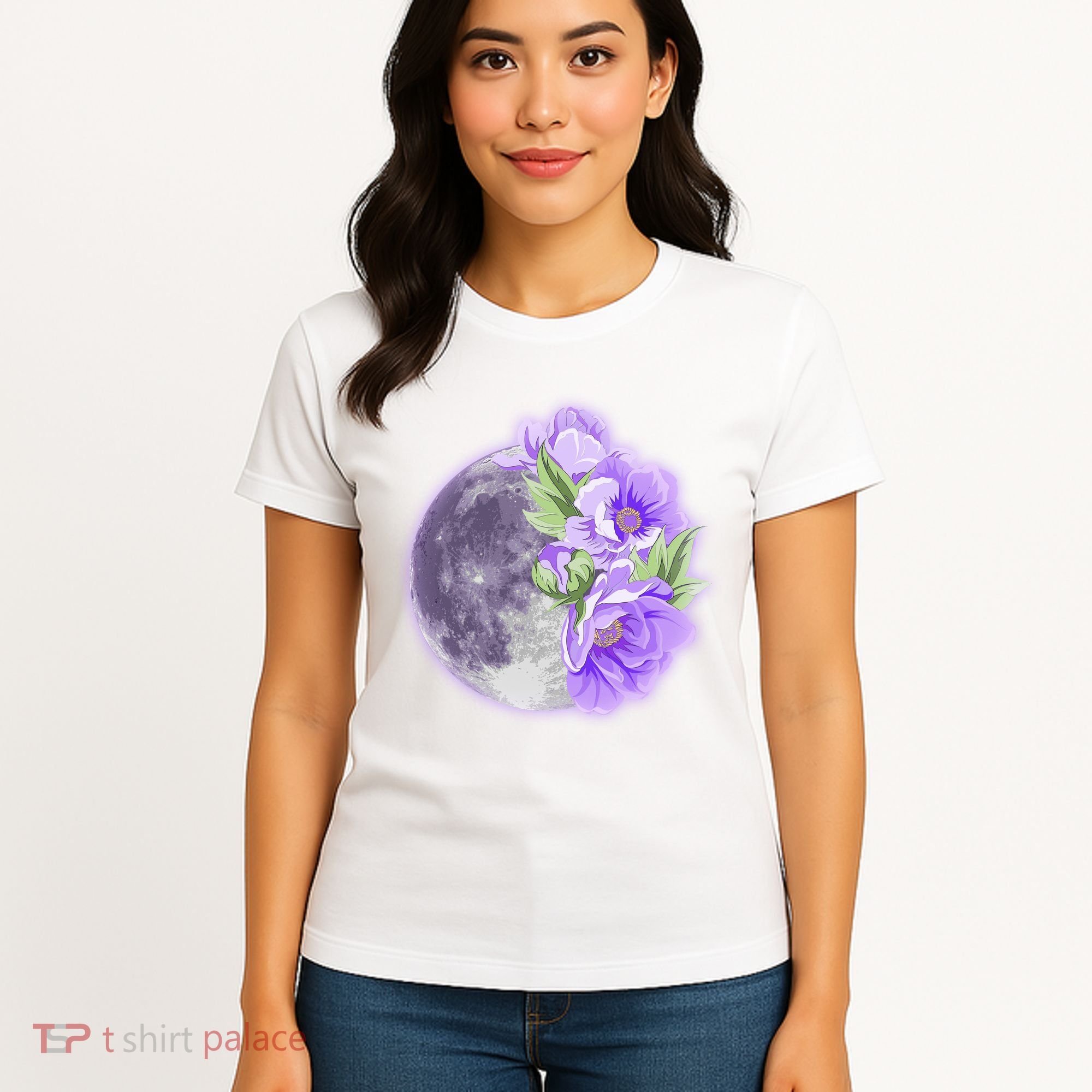 Purple Peonies Flowers Full Moon Women's T-Shirt