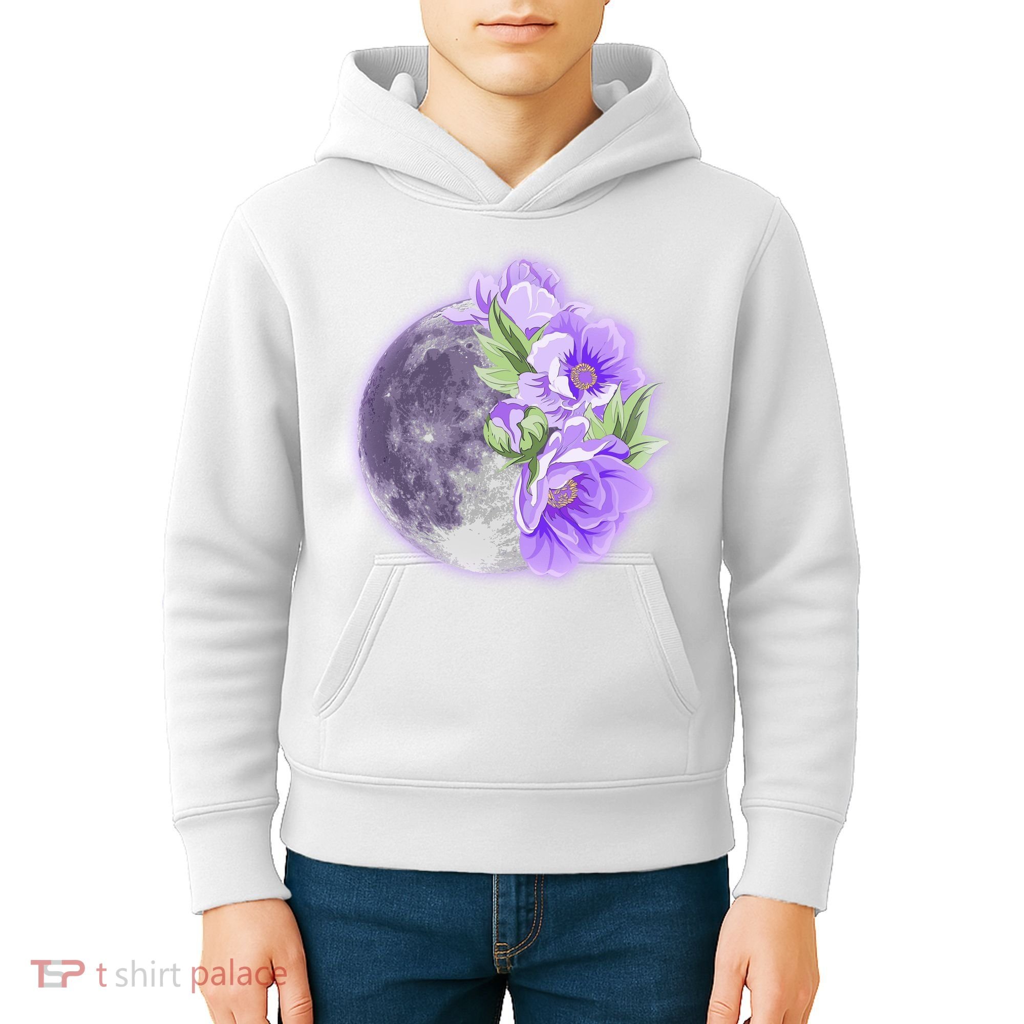 Purple Peonies Flowers Full Moon Kids Hoodie