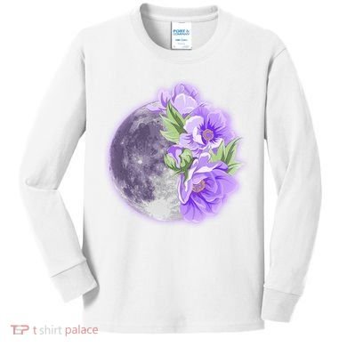 Purple Peonies Flowers Full Moon Kids Long Sleeve Shirt