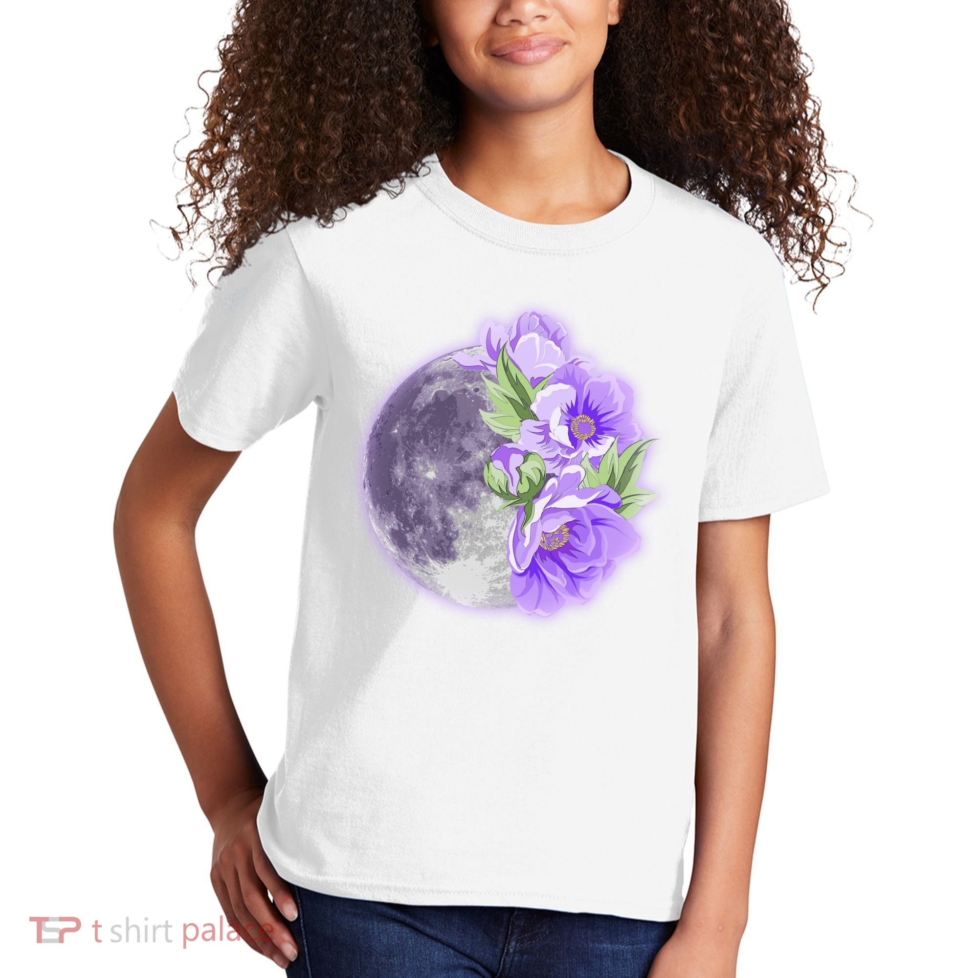 Purple Peonies Flowers Full Moon Kids T-Shirt