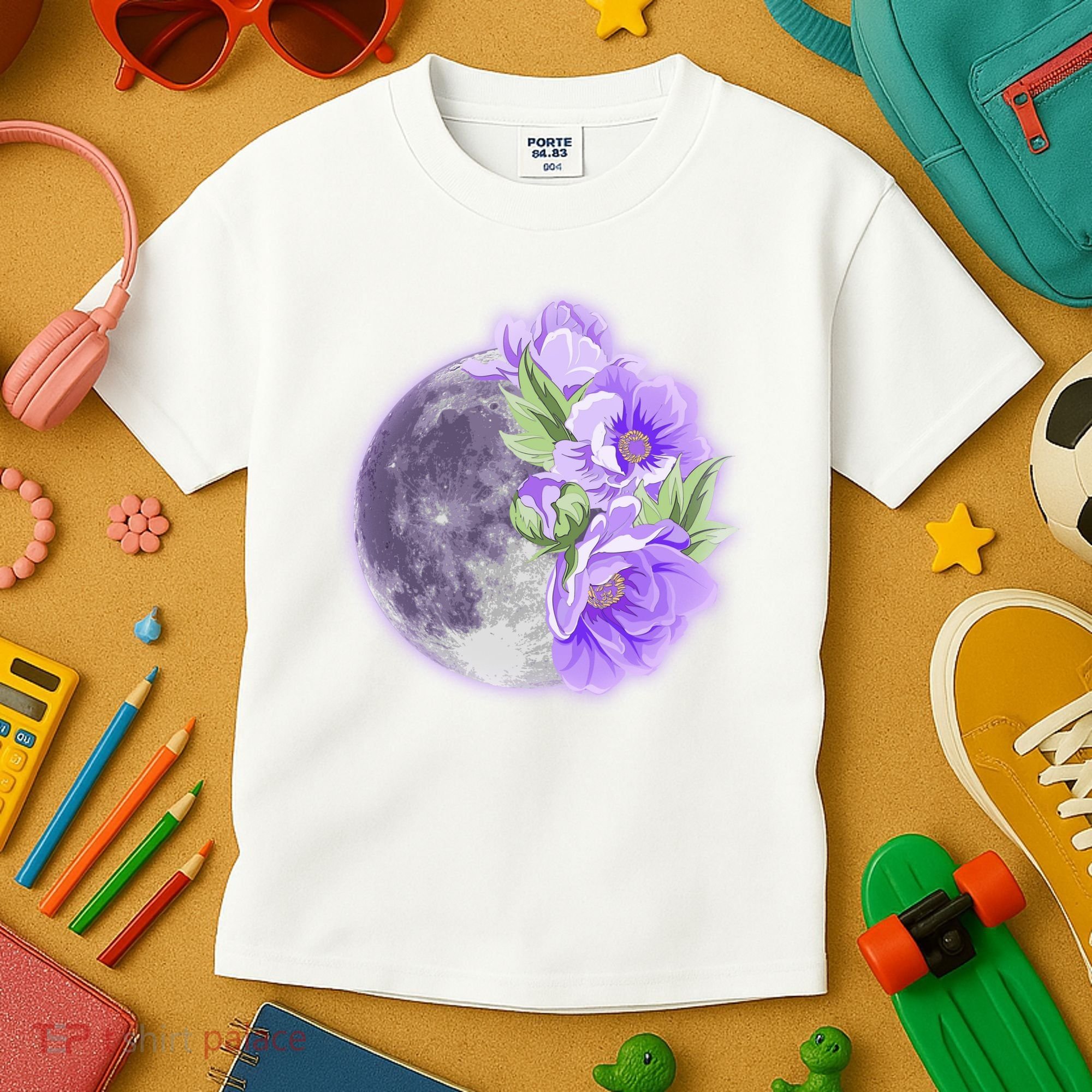 Purple Peonies Flowers Full Moon Kids T-Shirt