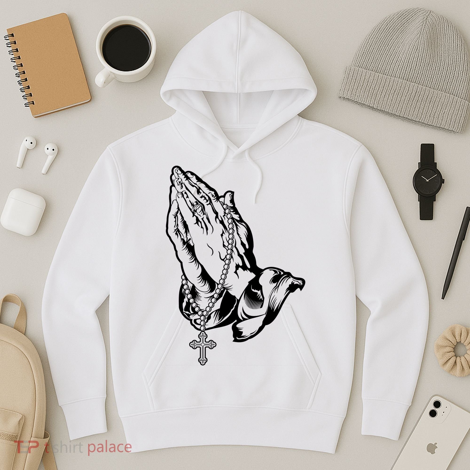 Pray Praying Hands Rosary Cross Hoodie