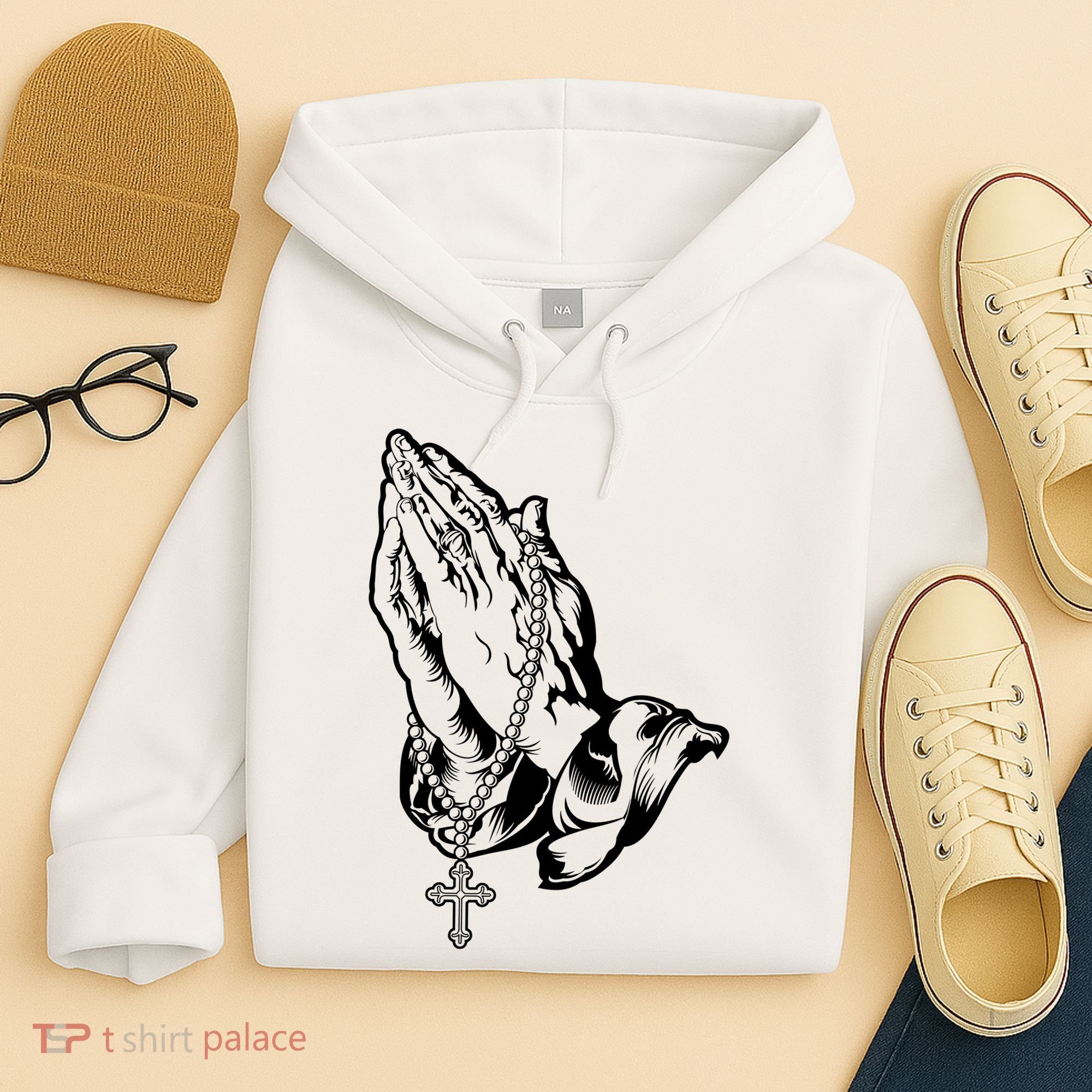 Pray Praying Hands Rosary Cross Hoodie