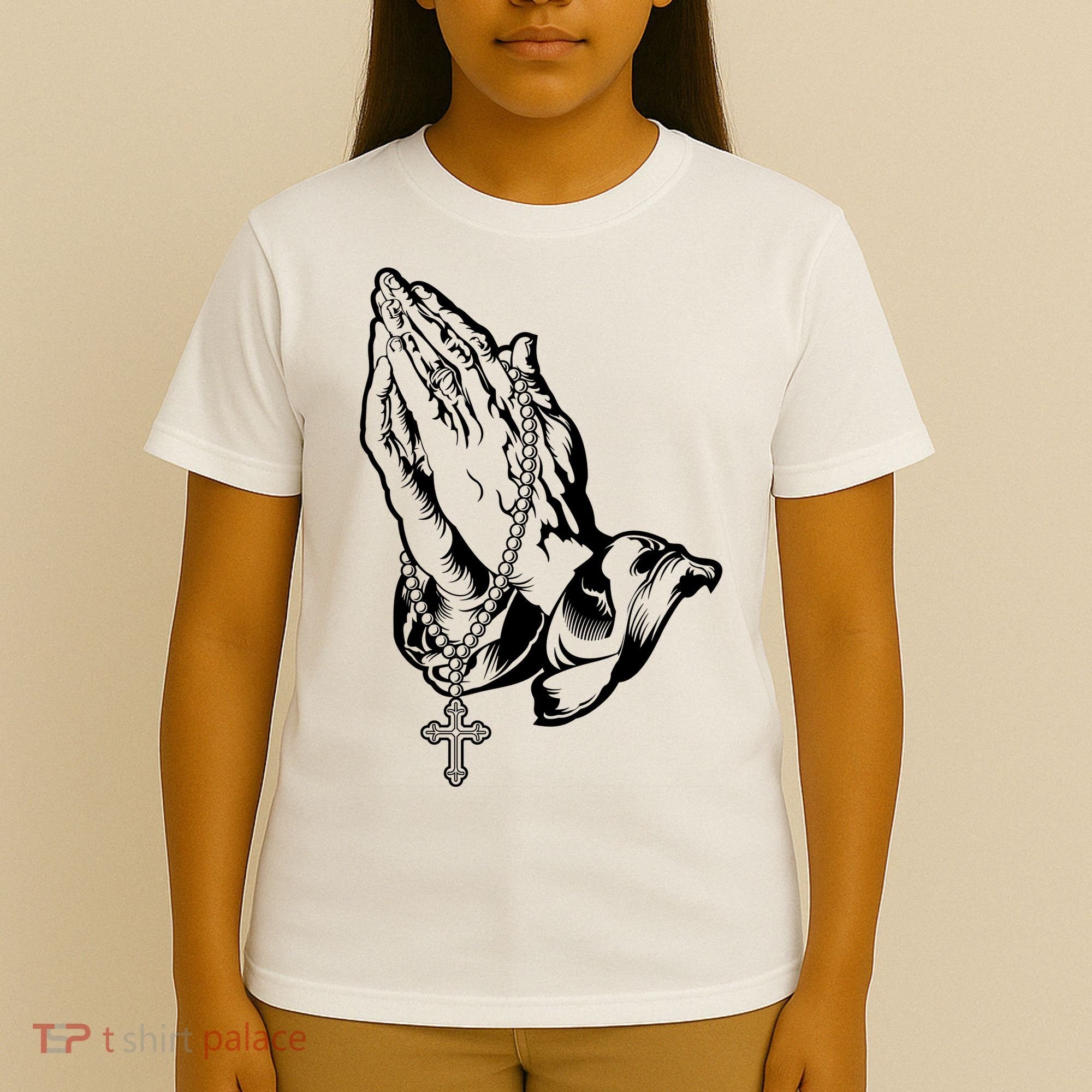 Pray Praying Hands Rosary Cross T-Shirt