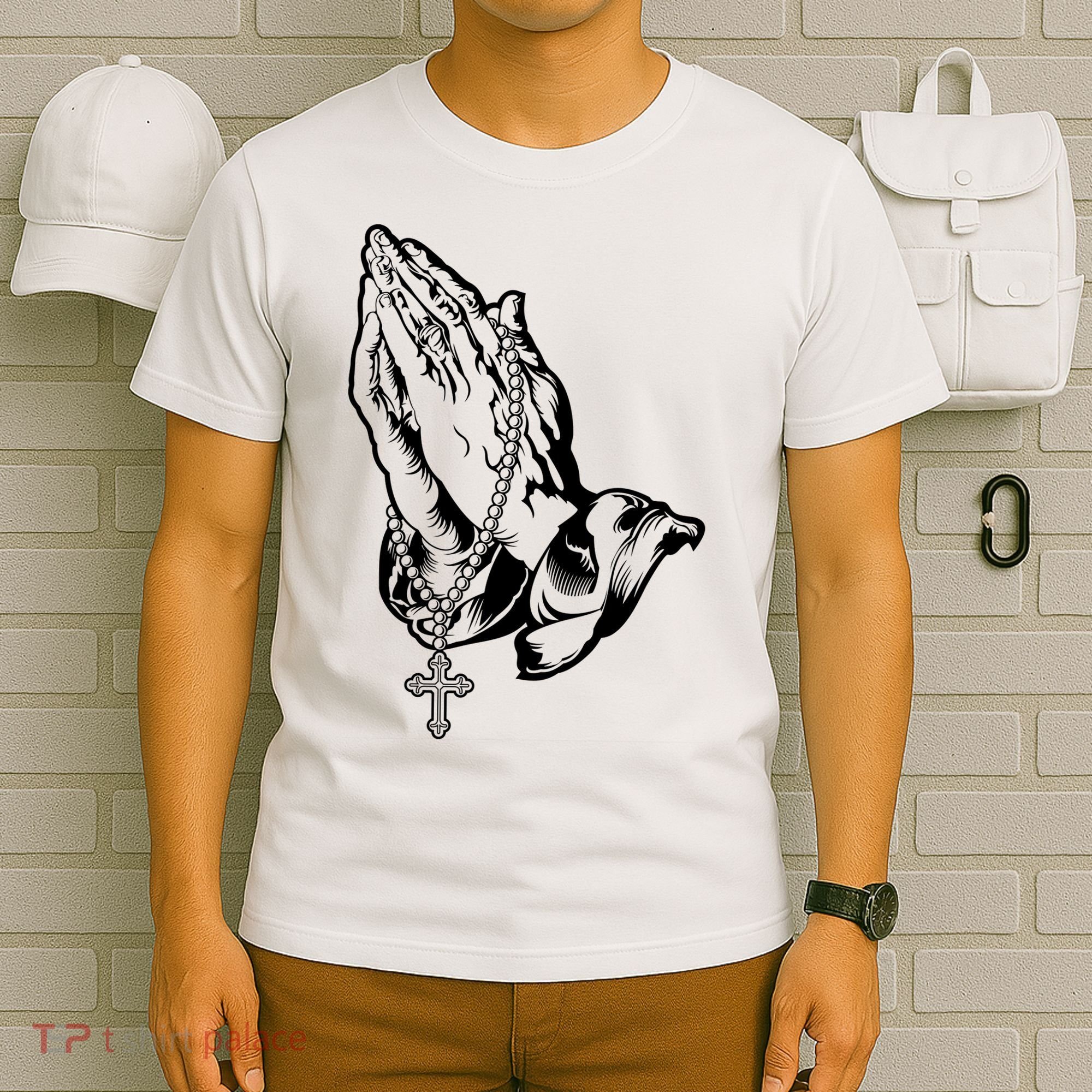 Pray Praying Hands Rosary Cross T-Shirt