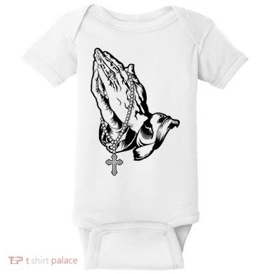 Pray Praying Hands Rosary Cross Baby Bodysuit