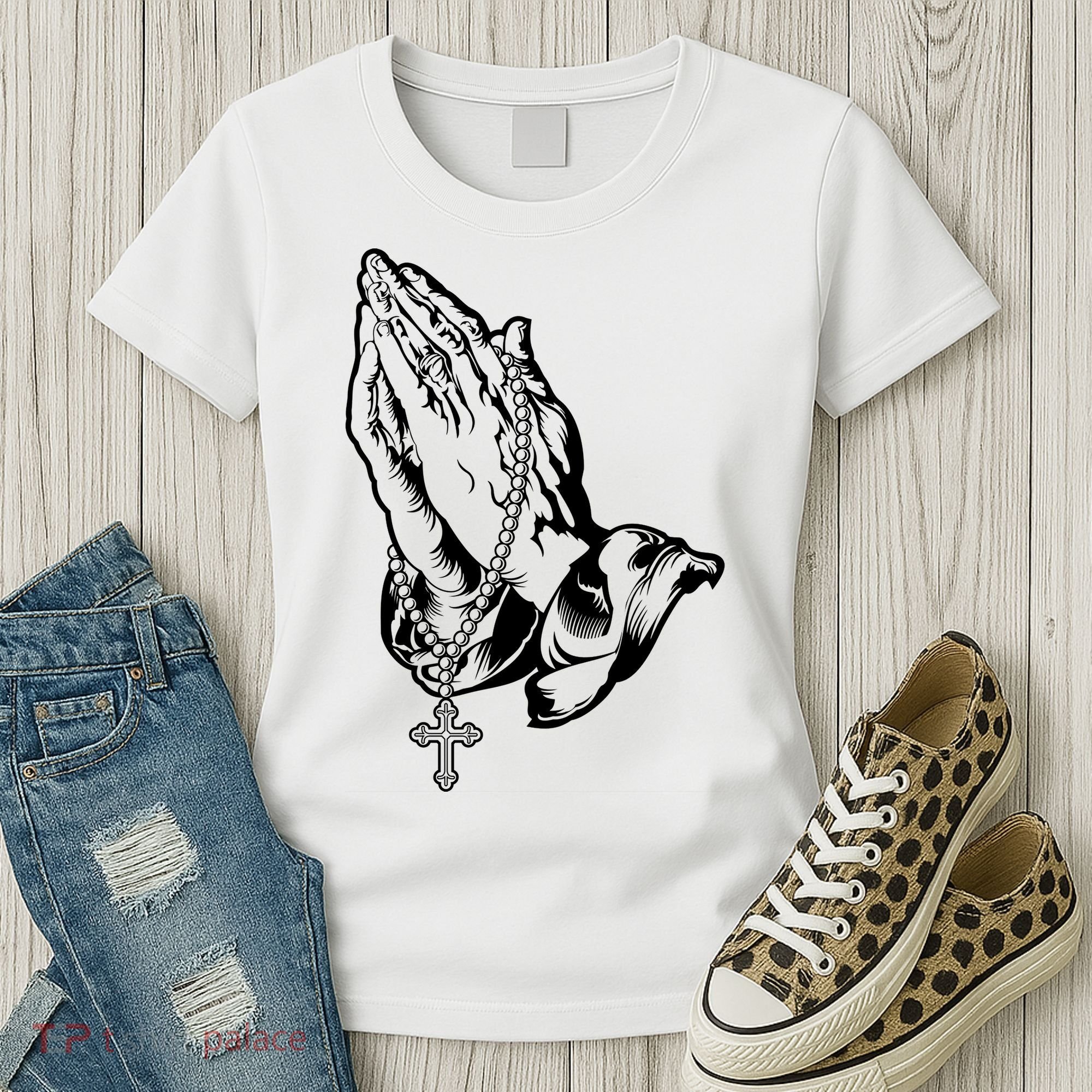 Pray Praying Hands Rosary Cross Women's T-Shirt