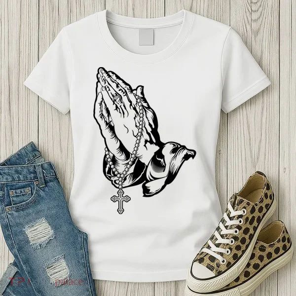 Pray Praying Hands Rosary Cross Women's T-Shirt