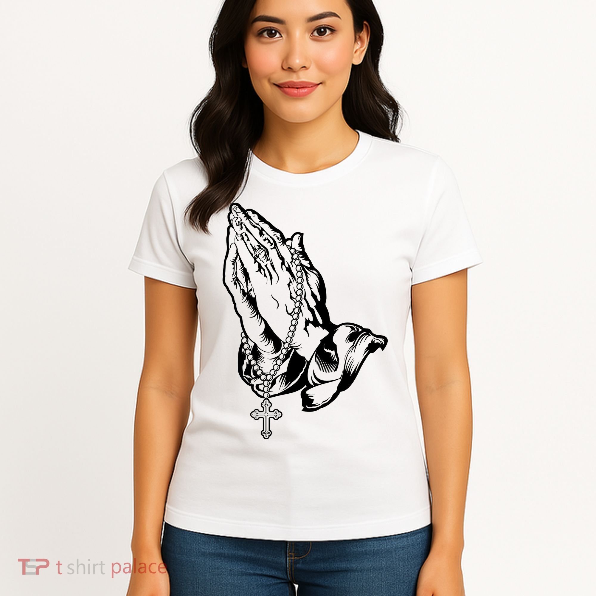 Pray Praying Hands Rosary Cross Women's T-Shirt