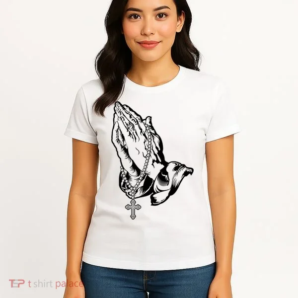 Pray Praying Hands Rosary Cross Women's T-Shirt