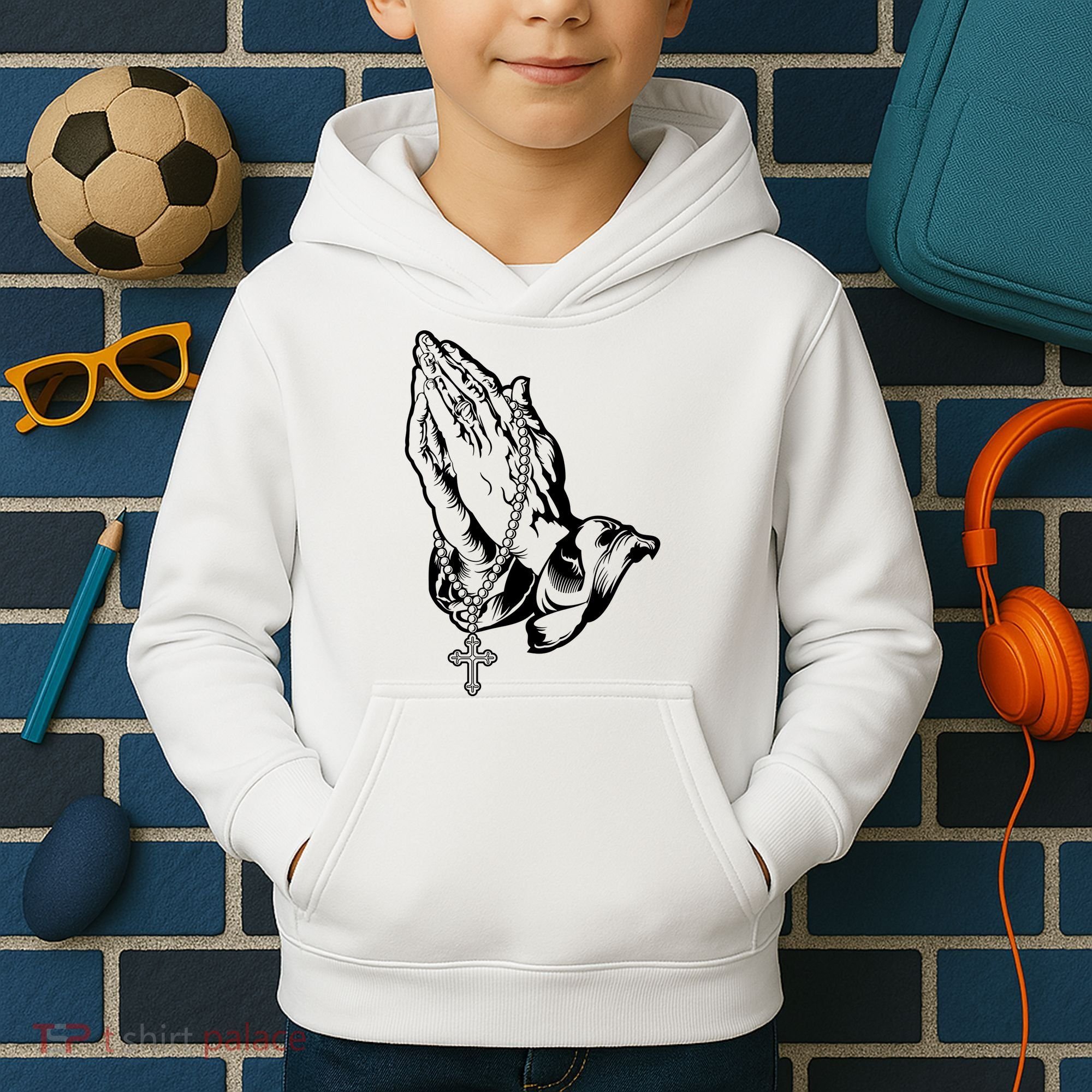Pray Praying Hands Rosary Cross Kids Hoodie