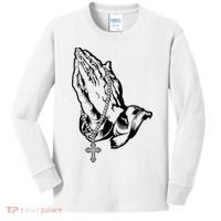 Pray Praying Hands Rosary Cross Kids Long Sleeve Shirt thumb 0