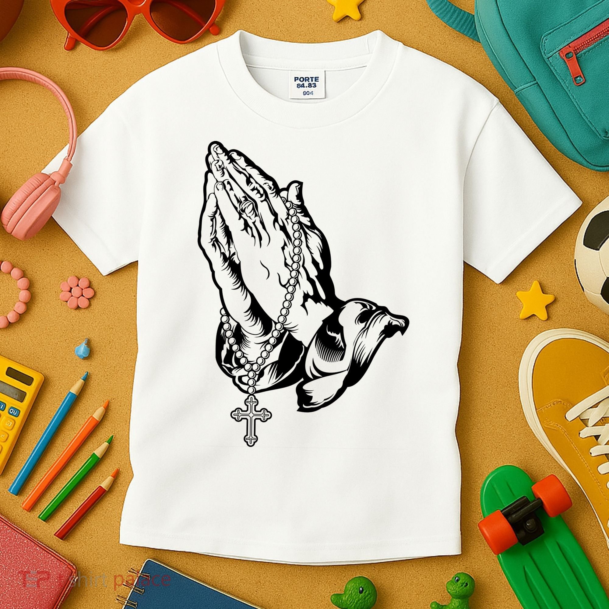 Pray Praying Hands Rosary Cross Kids T-Shirt