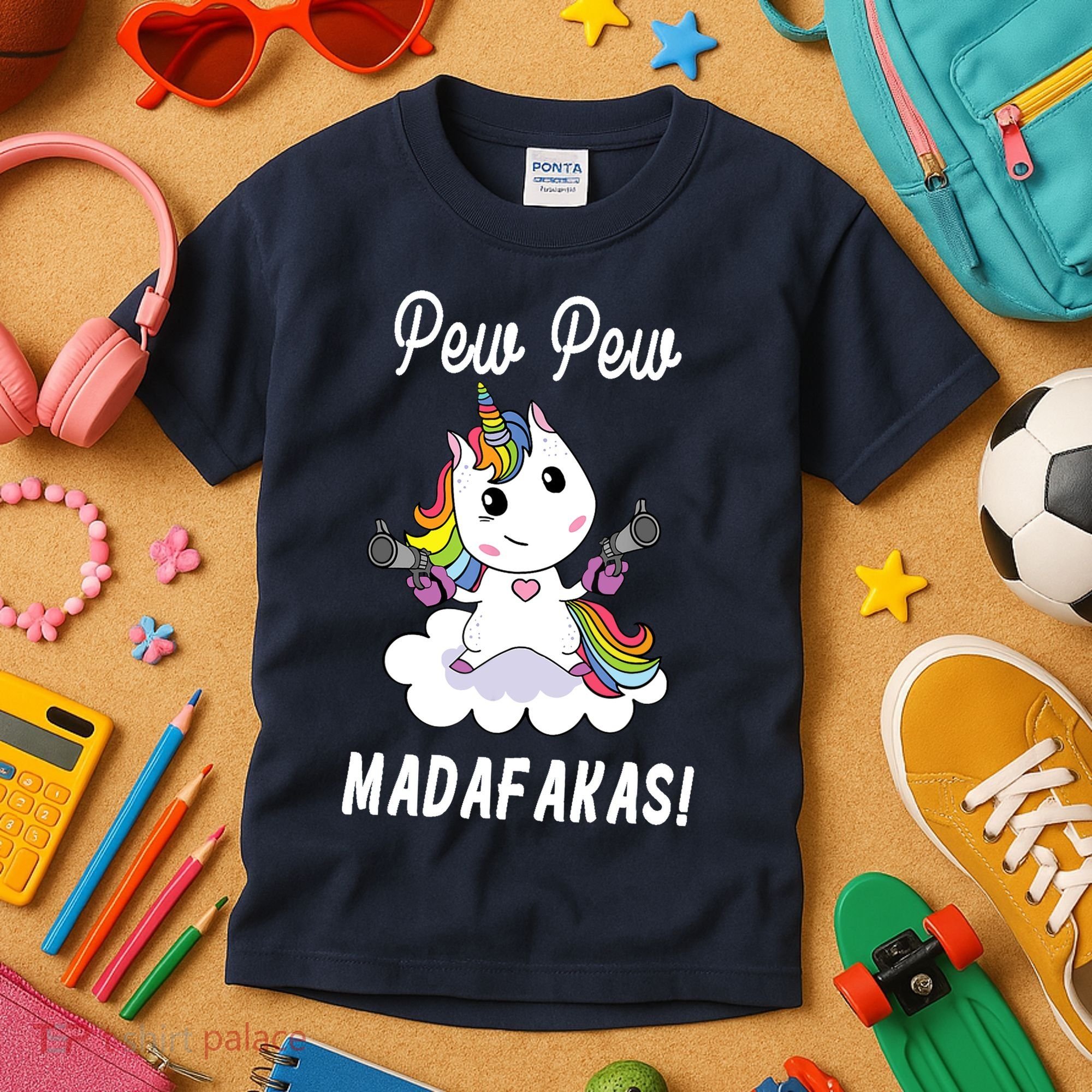Pew Pew Madafakas Unicorn with Pistols Fantasy Kids T-Shirt