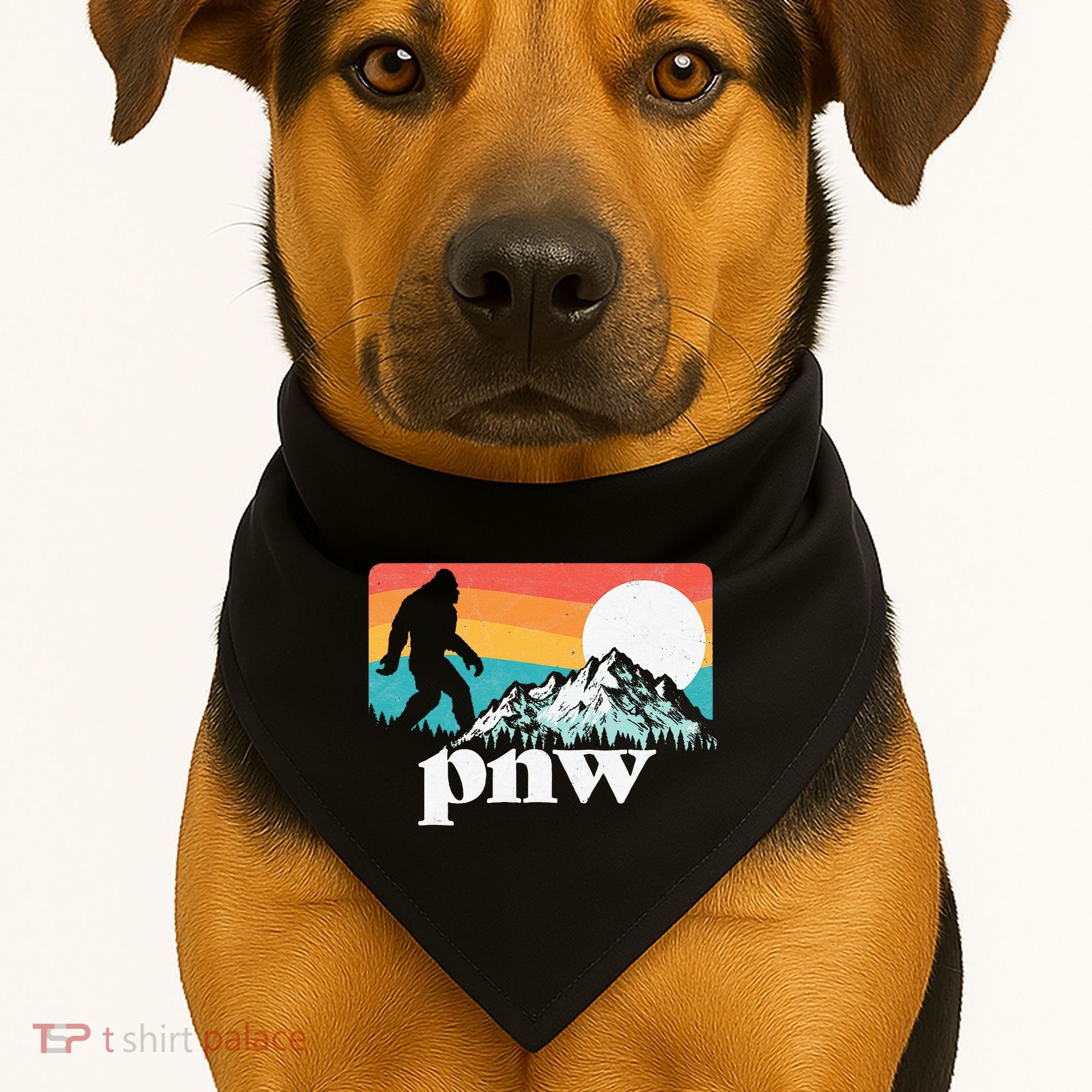Pnw Pacific Northwest Bigfoot Mountains Retro 80s Graphic USA-Made Doggie Bandana