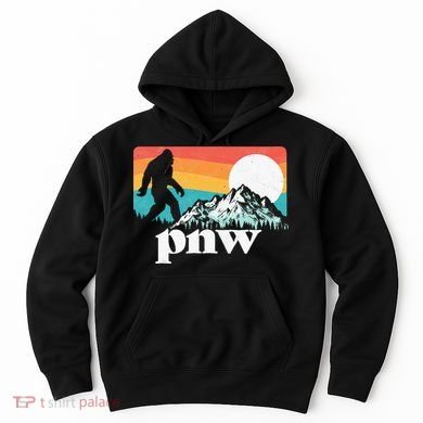 Pnw Pacific Northwest Bigfoot Mountains Retro 80s Graphic Hoodie