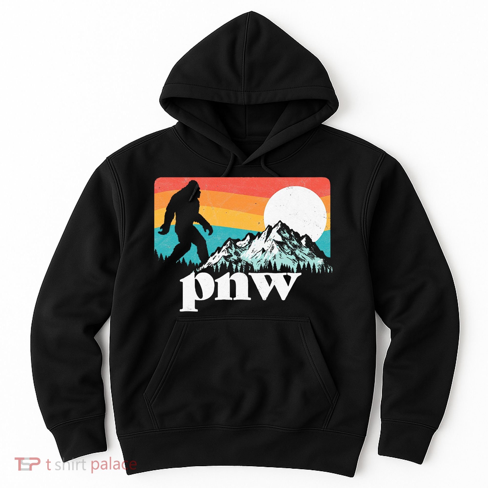 Pnw Pacific Northwest Bigfoot Mountains Retro 80s Graphic Hoodie