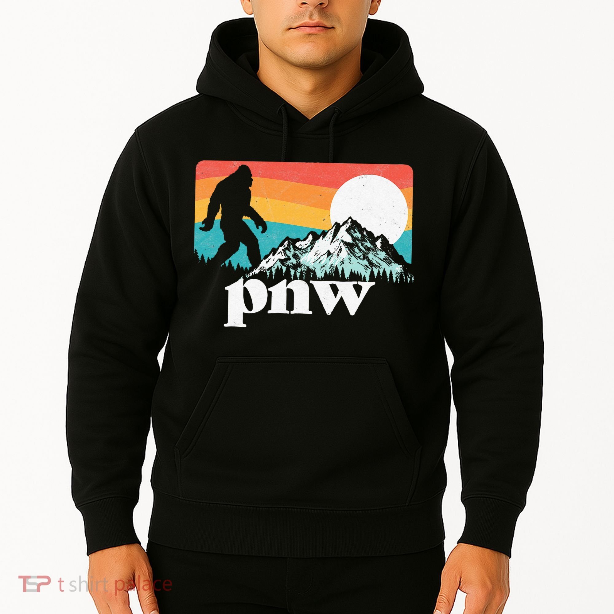 Pnw Pacific Northwest Bigfoot Mountains Retro 80s Graphic Hoodie