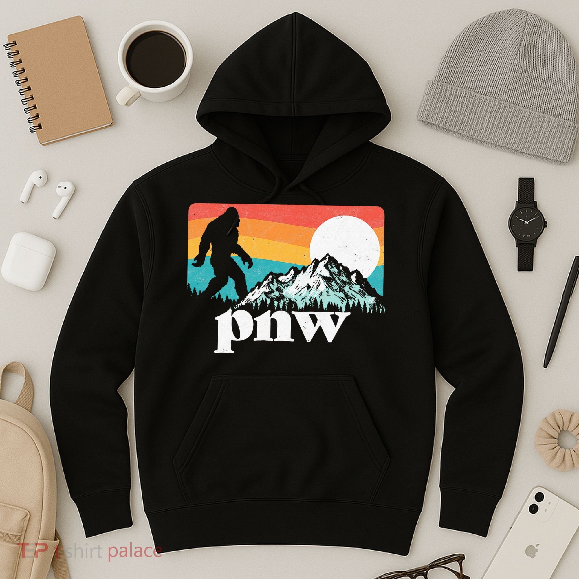 Pnw Pacific Northwest Bigfoot Mountains Retro 80s Graphic Hoodie