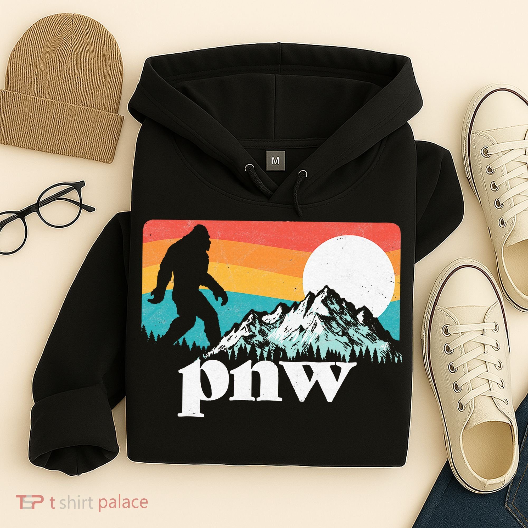 Pnw Pacific Northwest Bigfoot Mountains Retro 80s Graphic Hoodie