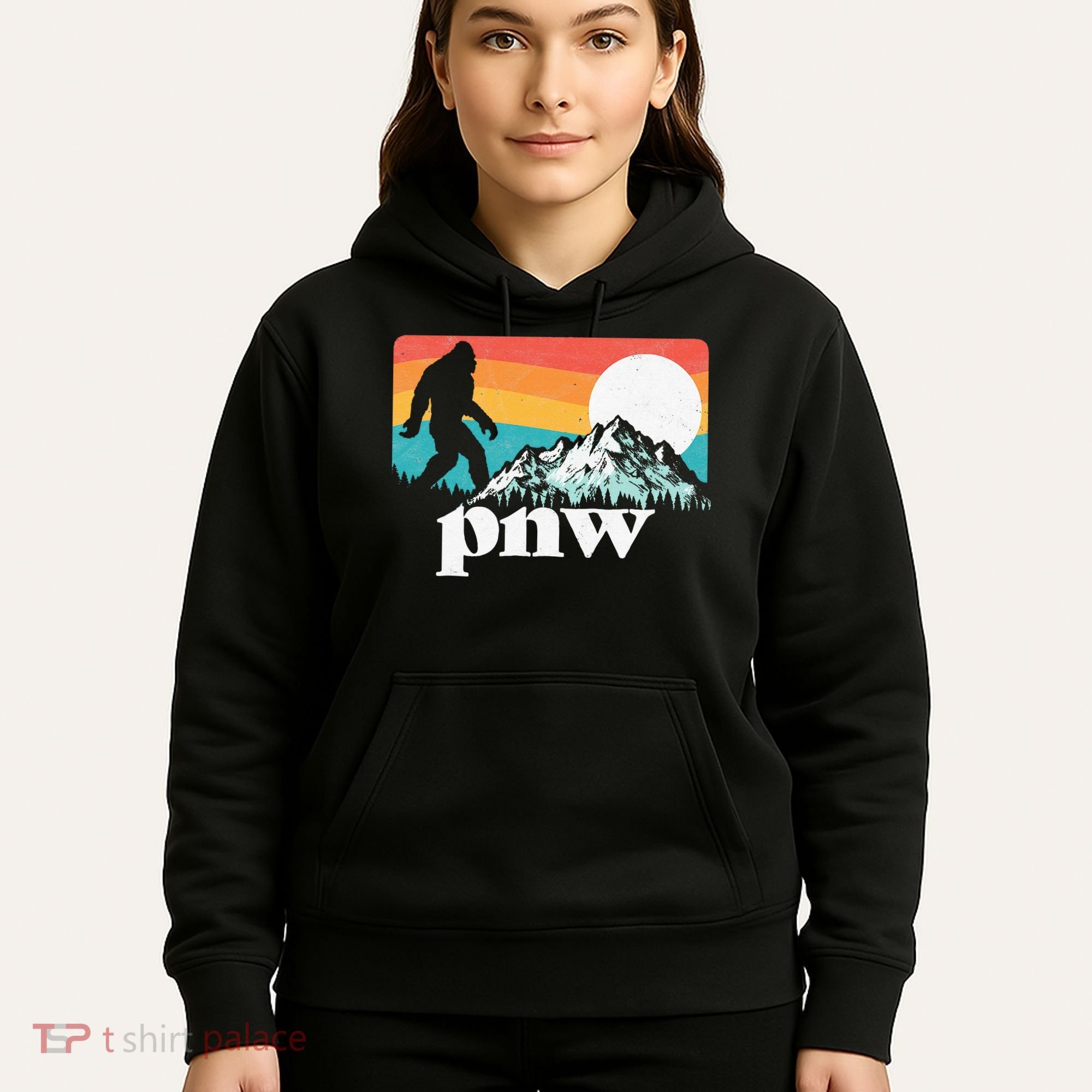 Pnw Pacific Northwest Bigfoot Mountains Retro 80s Graphic Hoodie