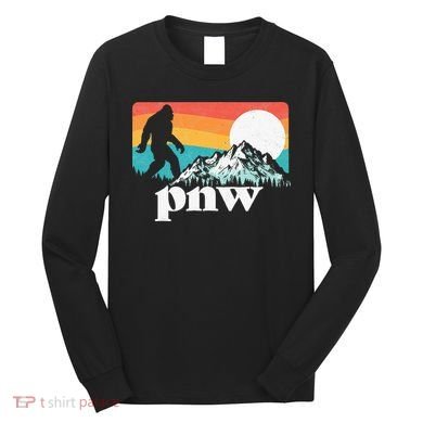Pnw Pacific Northwest Bigfoot Mountains Retro 80s Graphic Long Sleeve Shirt