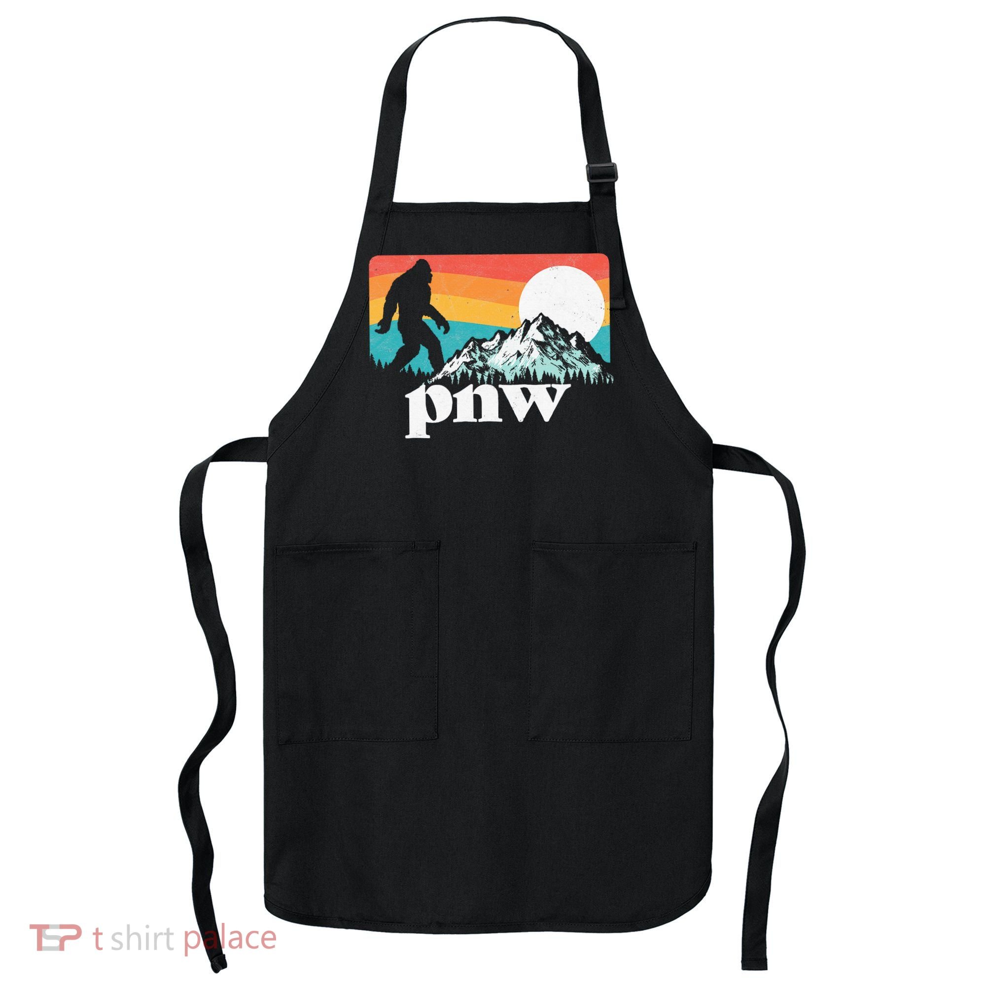 Pnw Pacific Northwest Bigfoot Mountains Retro 80s Graphic Apron