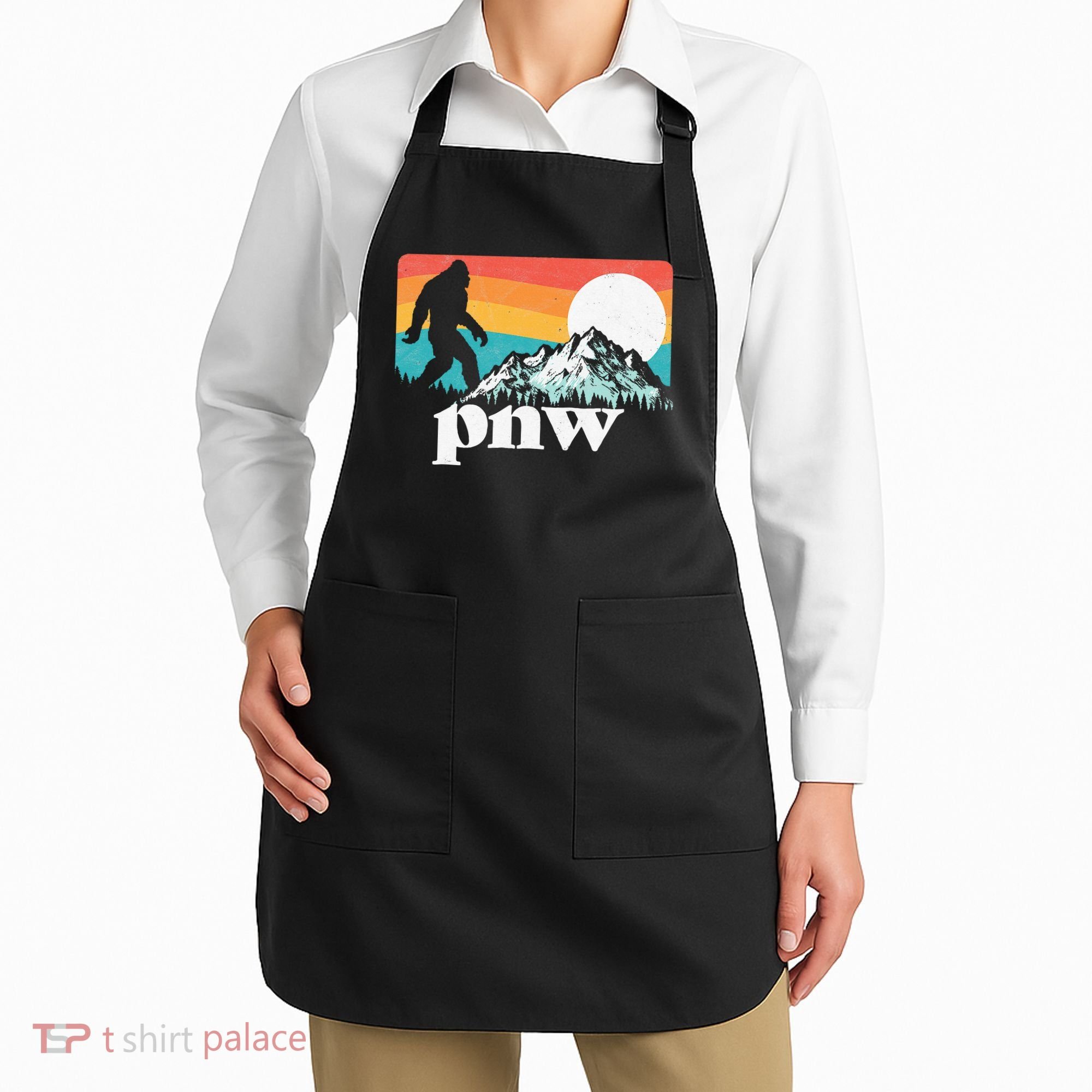 Pnw Pacific Northwest Bigfoot Mountains Retro 80s Graphic Apron