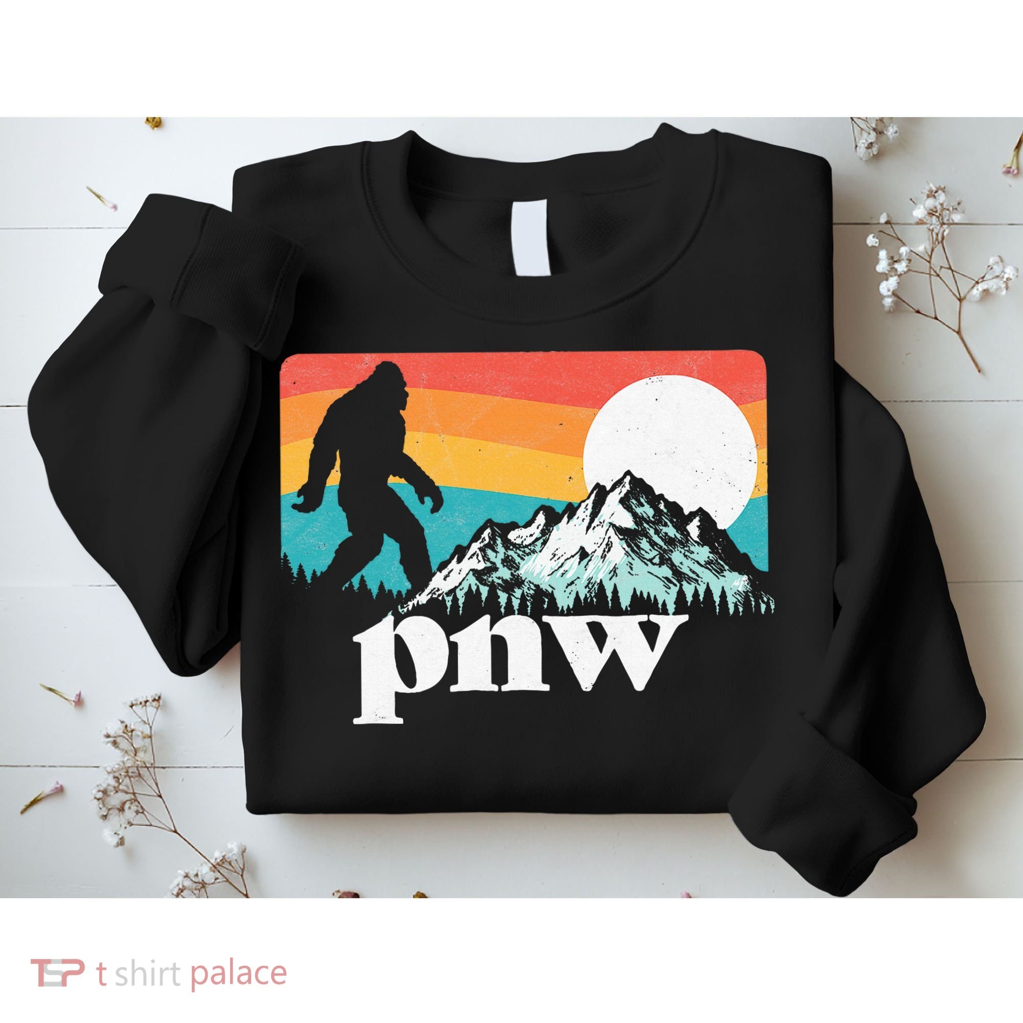 Pnw Pacific Northwest Bigfoot Mountains Retro 80s Graphic Sweatshirt
