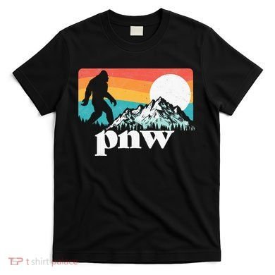 Pnw Pacific Northwest Bigfoot Mountains Retro 80s Graphic T-Shirt