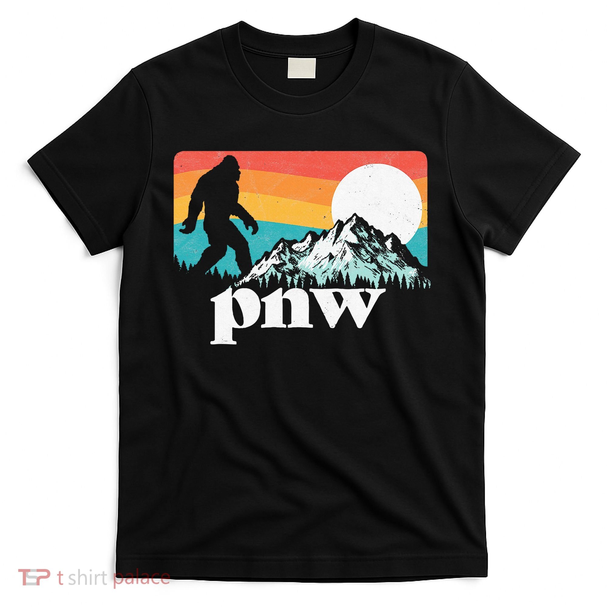 Pnw Pacific Northwest Bigfoot Mountains Retro 80s Graphic T-Shirt