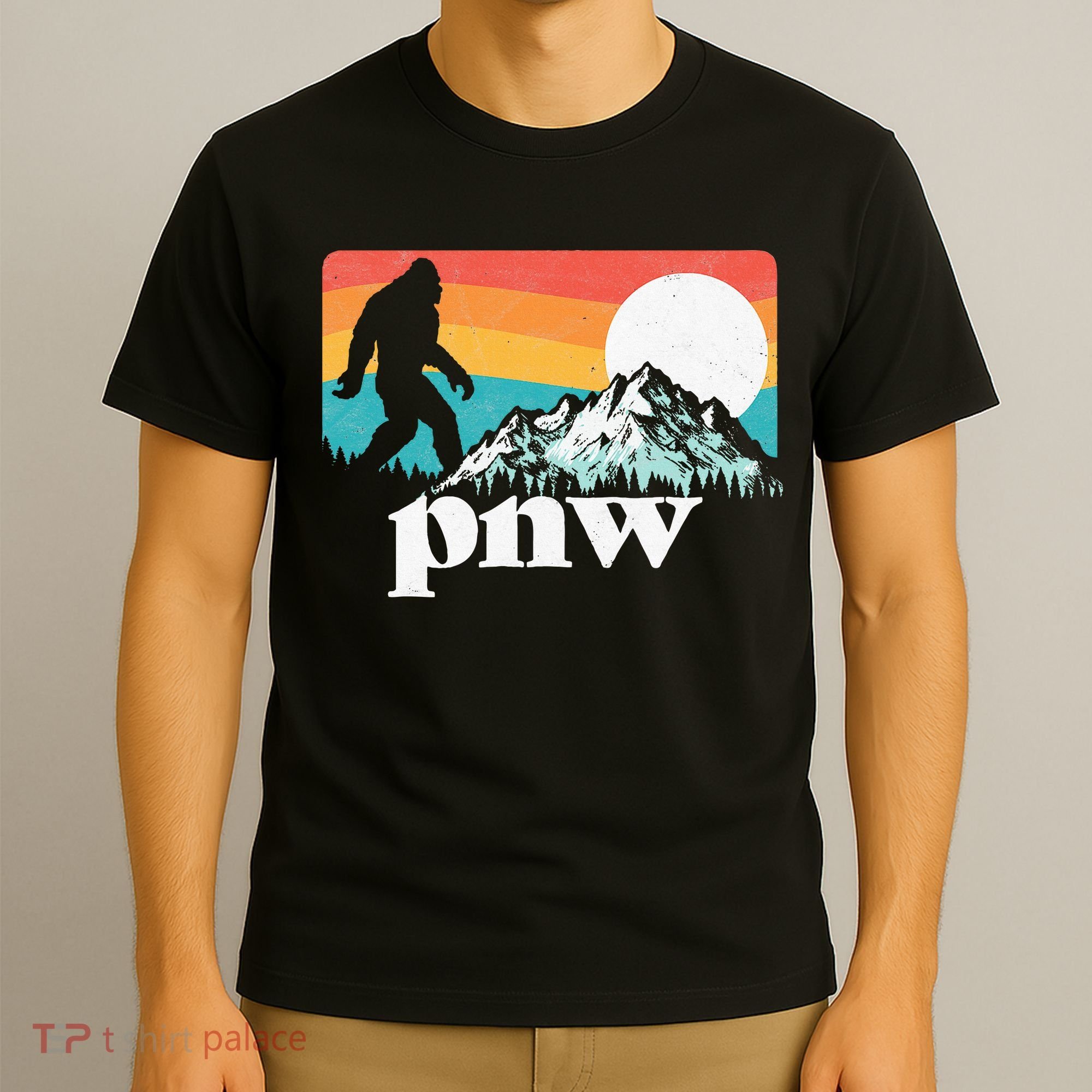 Pnw Pacific Northwest Bigfoot Mountains Retro 80s Graphic T-Shirt