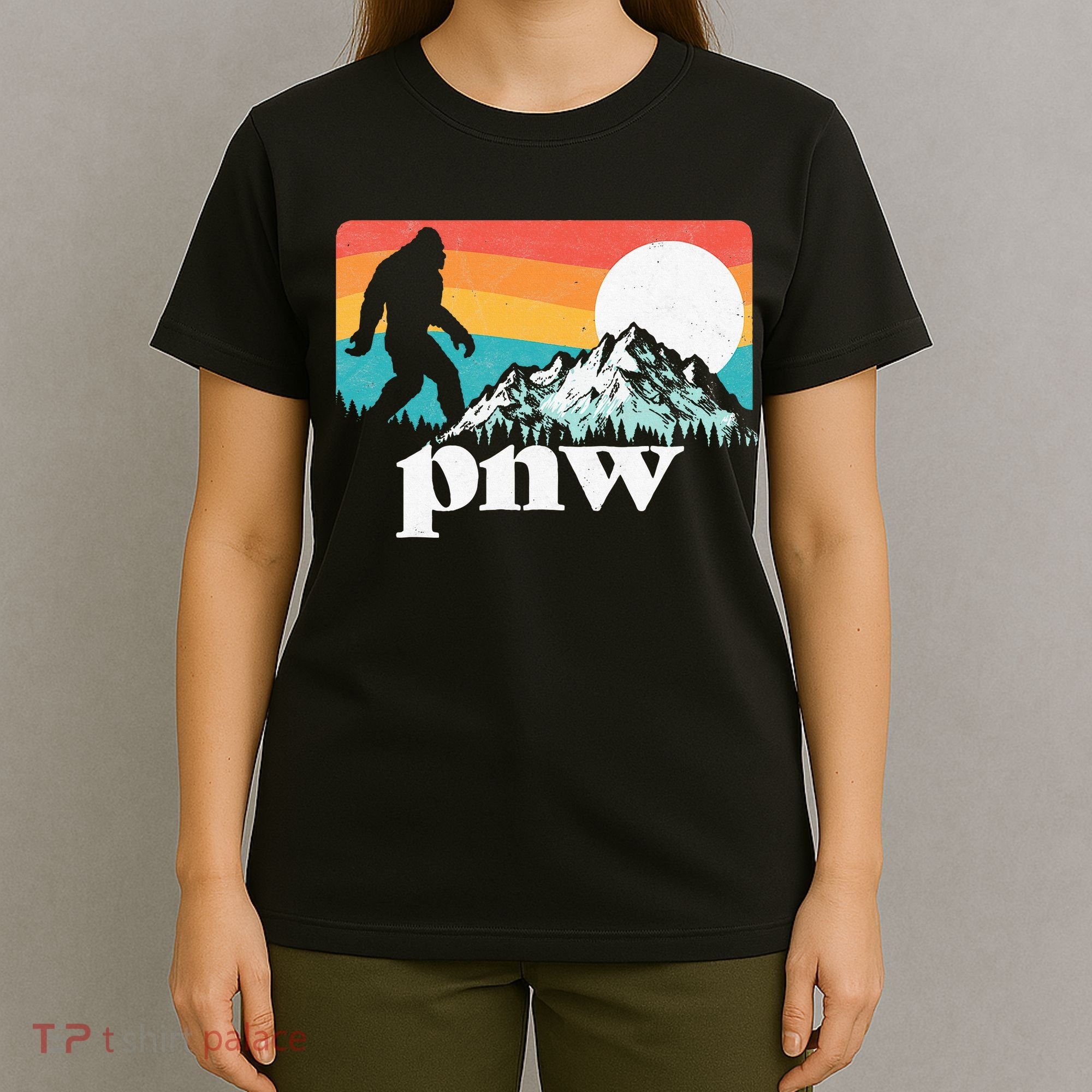 Pnw Pacific Northwest Bigfoot Mountains Retro 80s Graphic T-Shirt