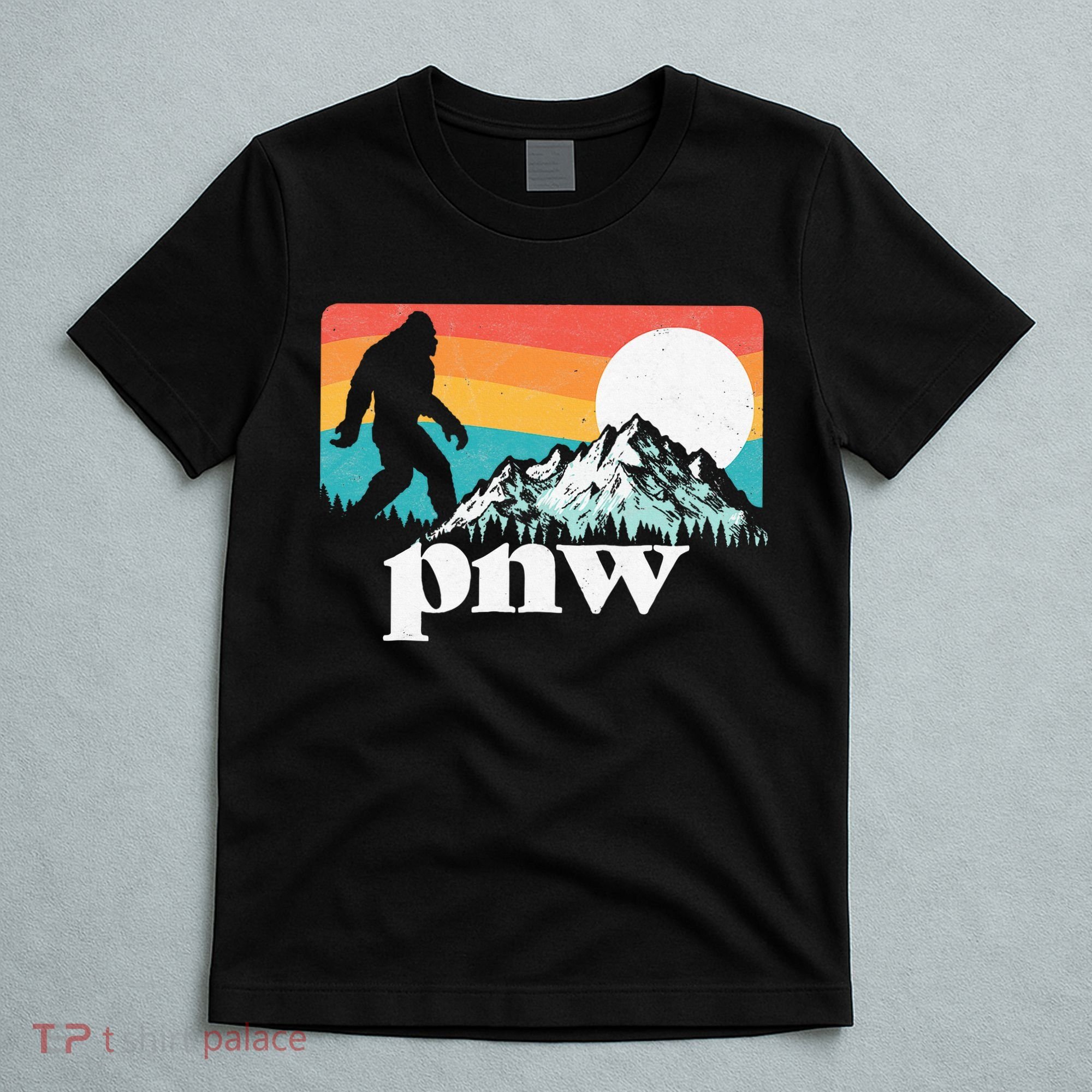 Pnw Pacific Northwest Bigfoot Mountains Retro 80s Graphic T-Shirt