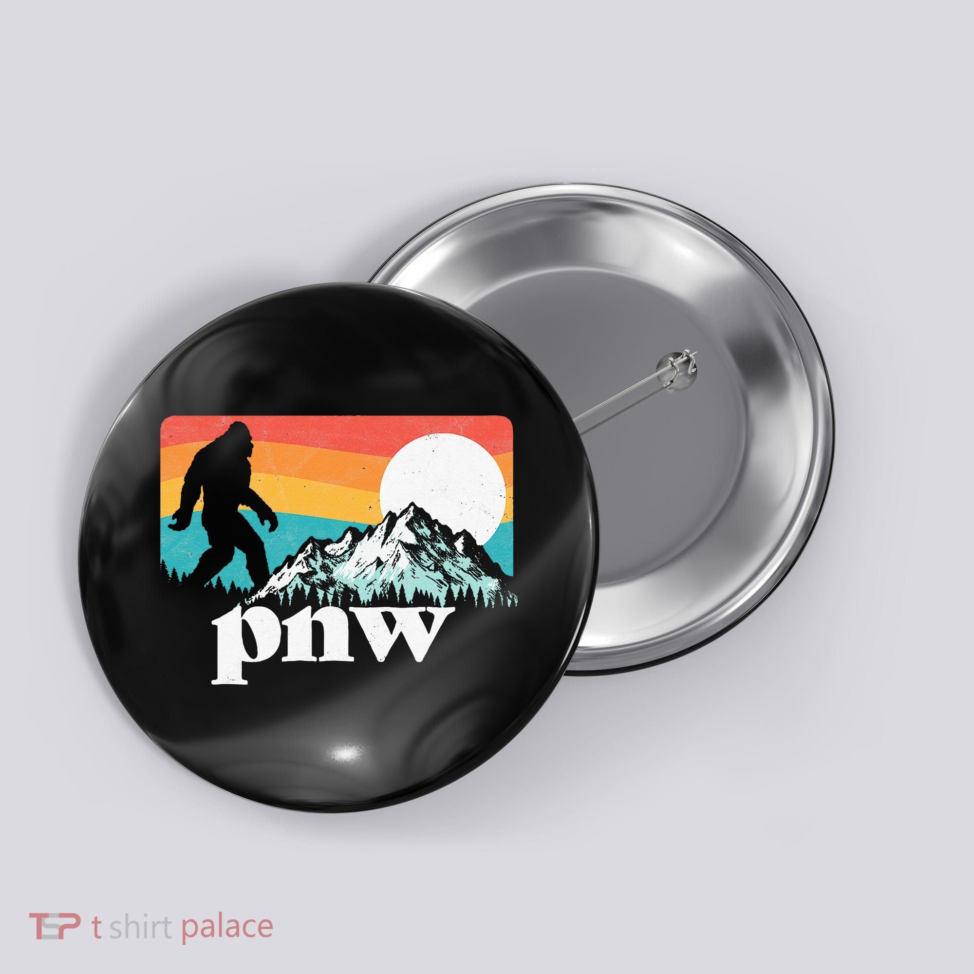 Pnw Pacific Northwest Bigfoot Mountains Retro 80s Graphic Button
