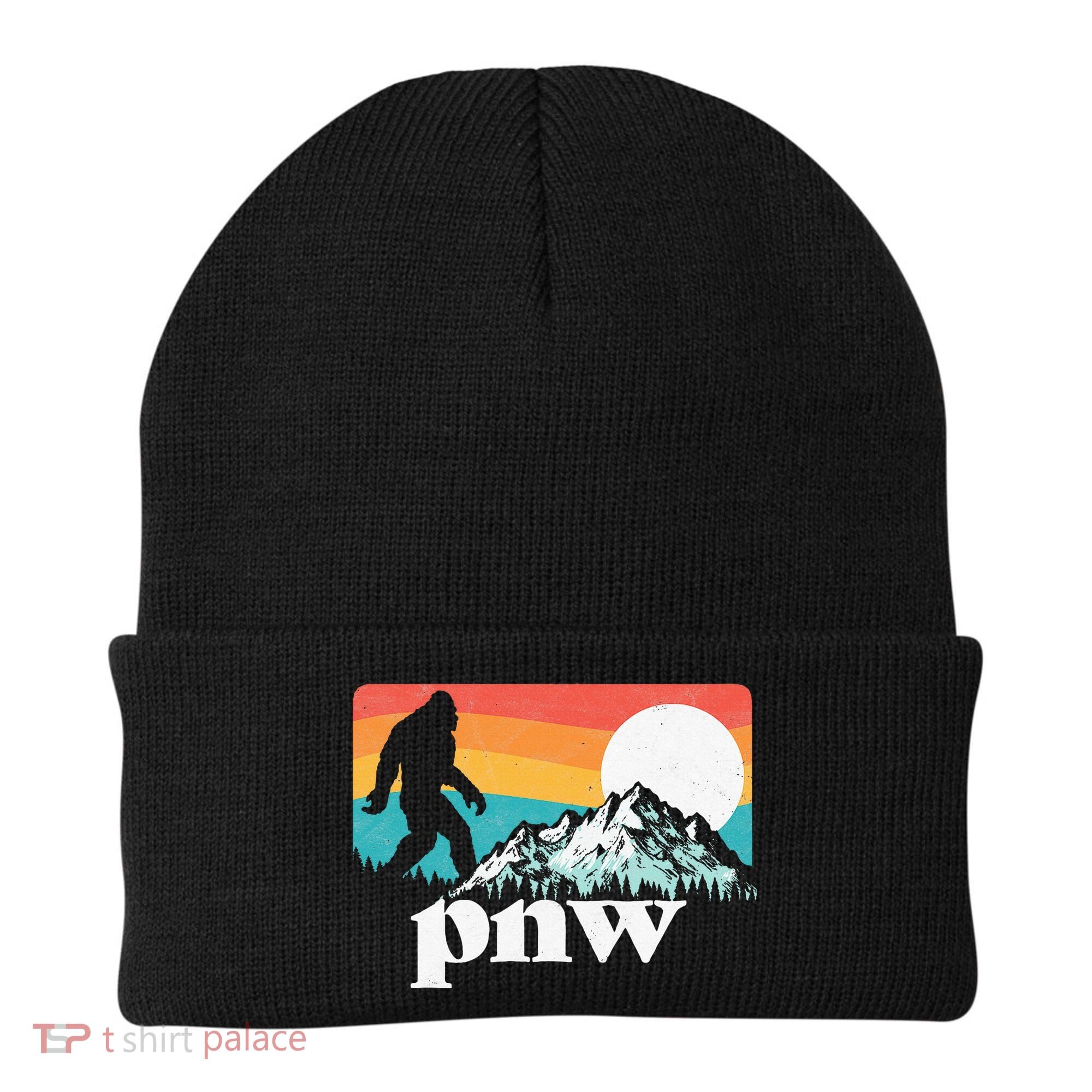 Pnw Pacific Northwest Bigfoot Mountains Retro 80s Graphic Beanie